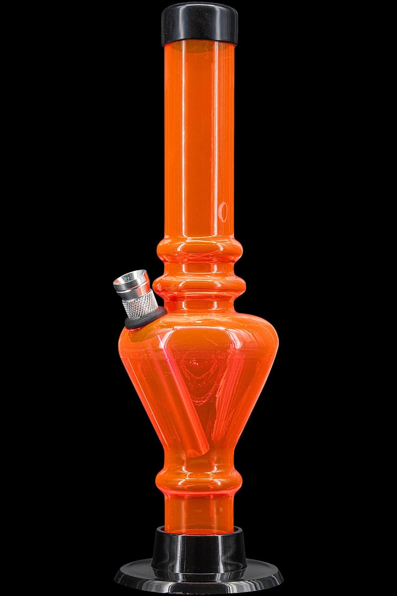 Orange glass bong with black accents, isolated on a black background.