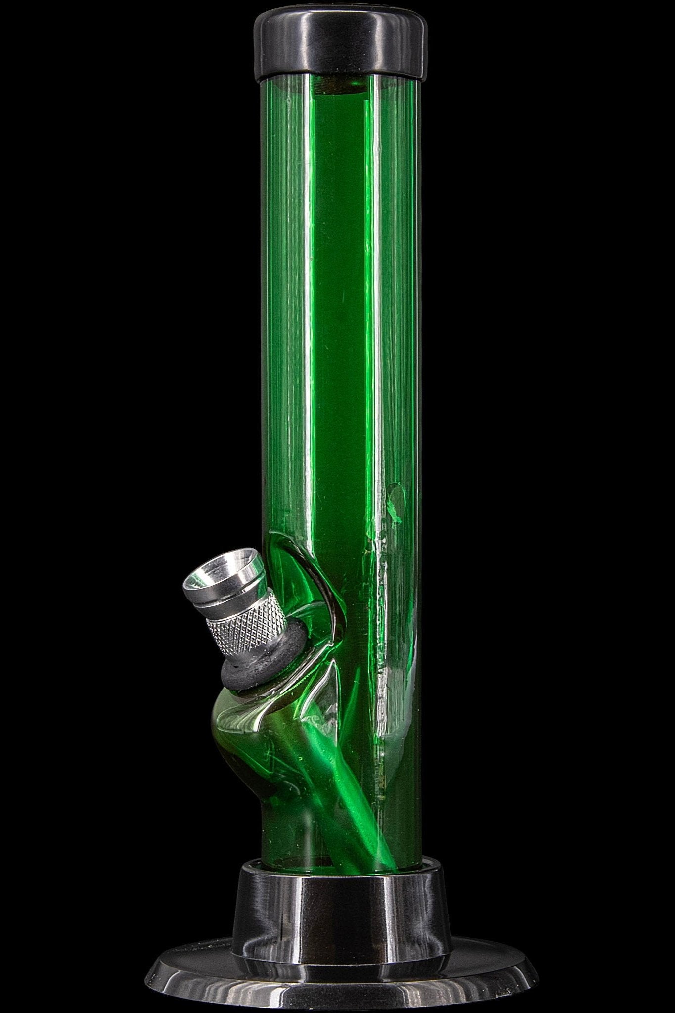 Green glass water pipe with metal accents.
