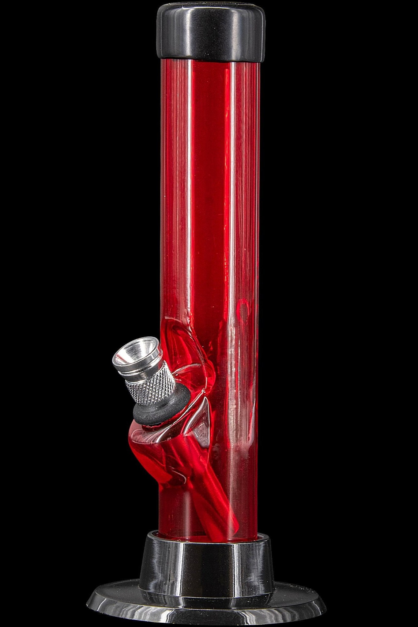 Red glass water pipe with metallic accents, studio shot.