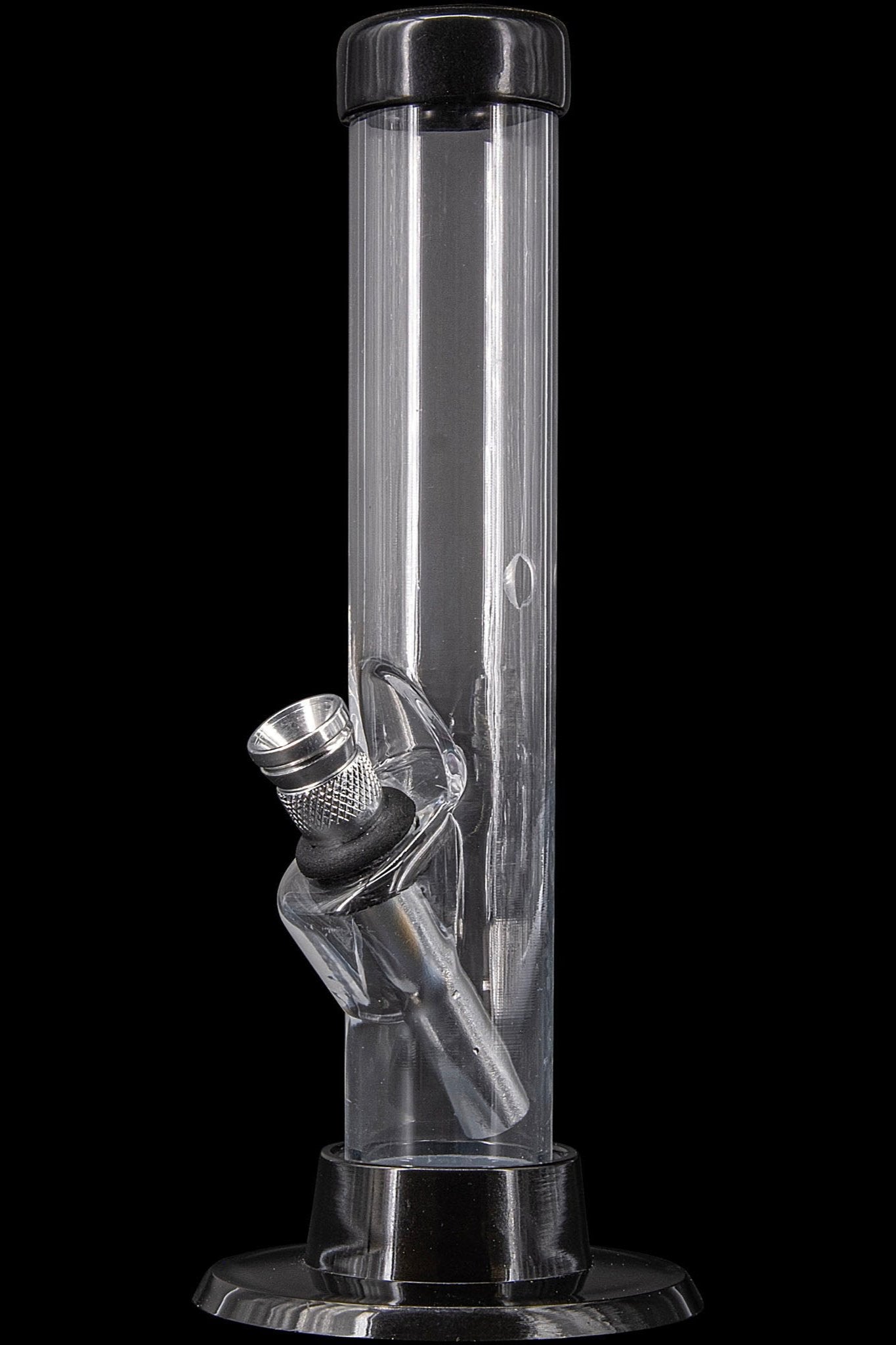 Clear glass water pipe (bong) with a flared base, isolated on a black background.
