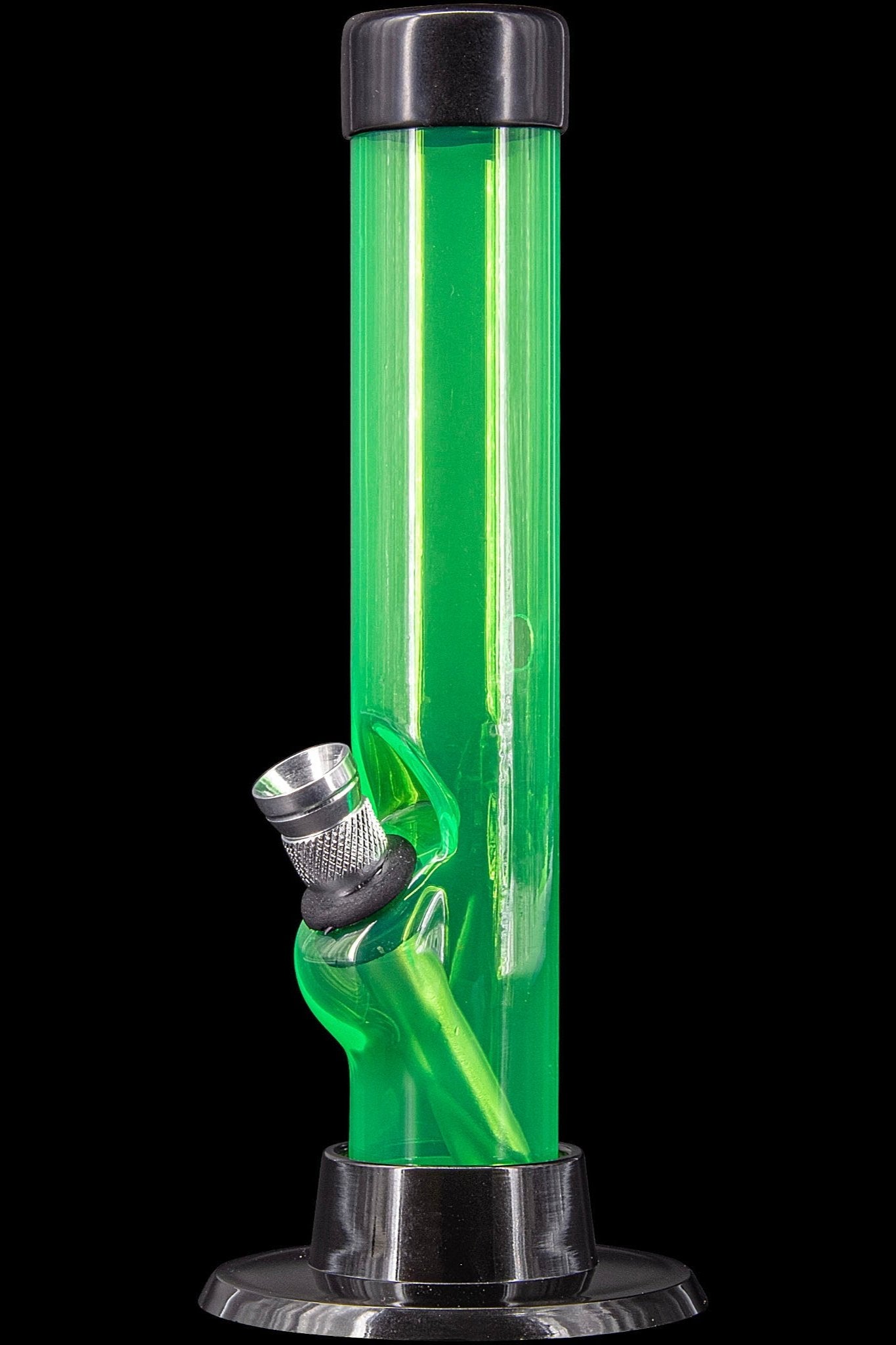 Green glass water pipe with metallic accents.