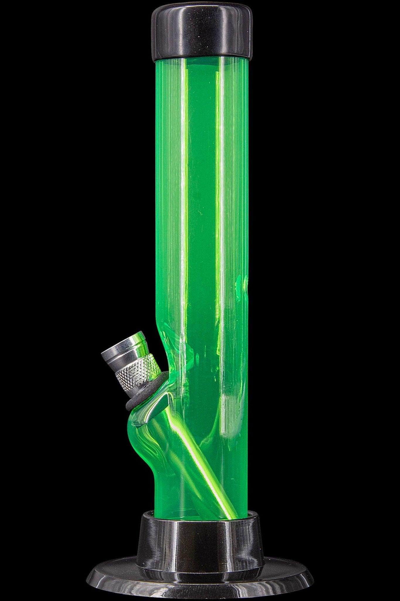Green glass water pipe (bong) with a flared base, studio shot.