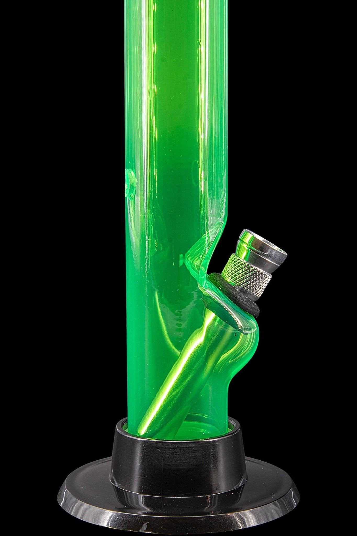 Green glass water pipe with black accents, studio shot.