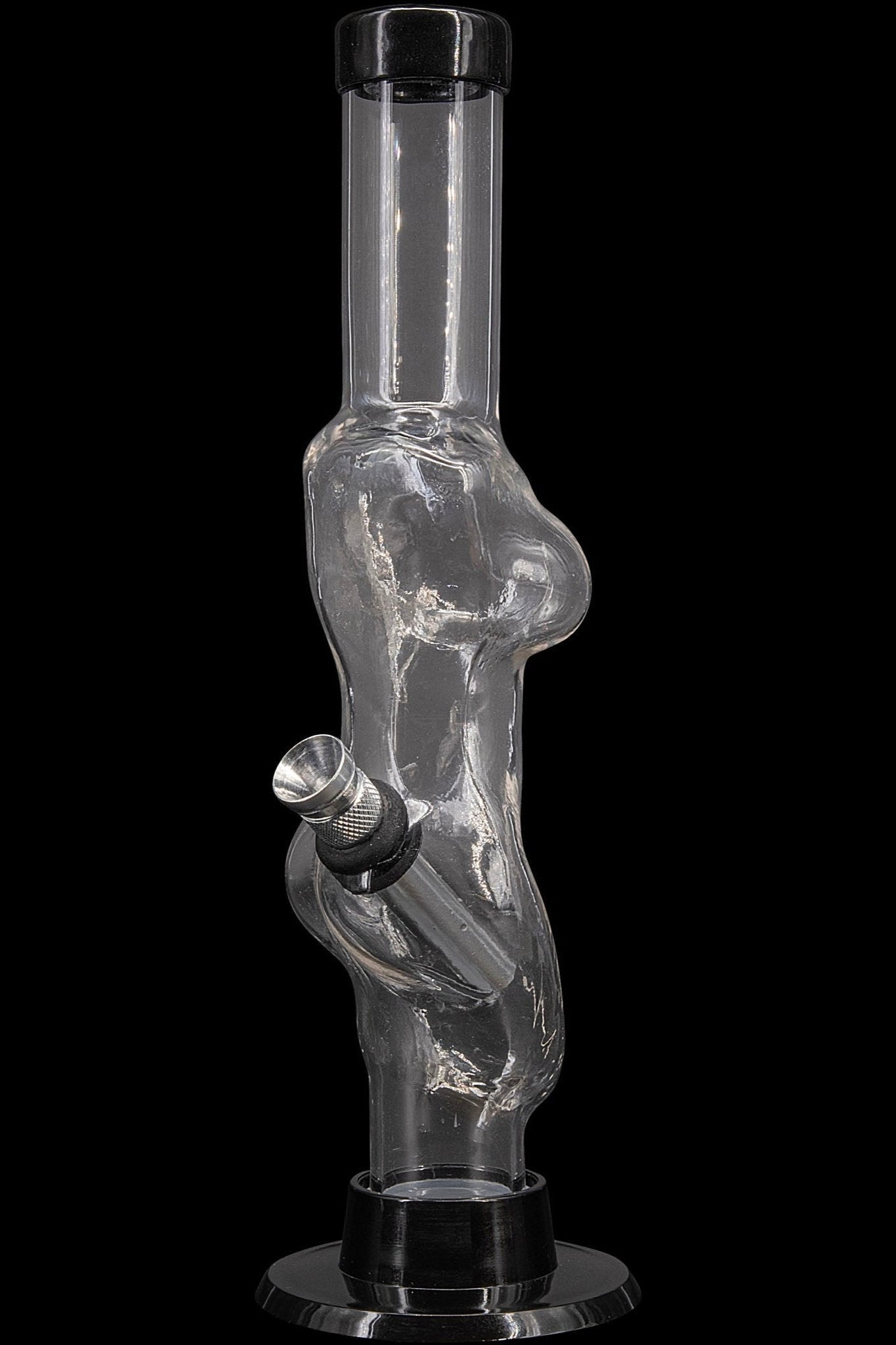 Front view of the 8-inch JM Plastics Serving Body Acrylic Water Pipe, showing its clear acrylic construction and unique form.