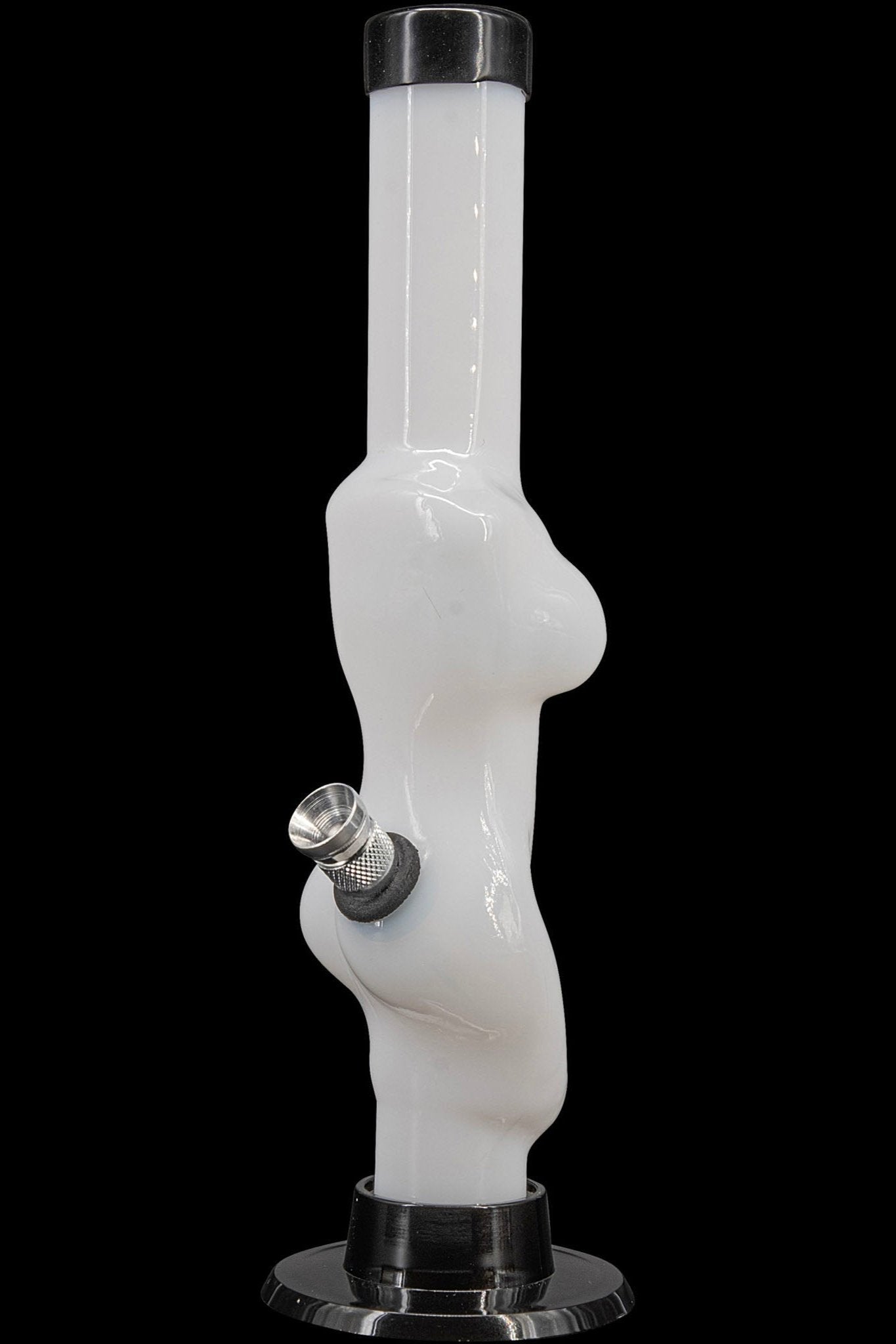Frosted glass water pipe with anatomical female form, black base.