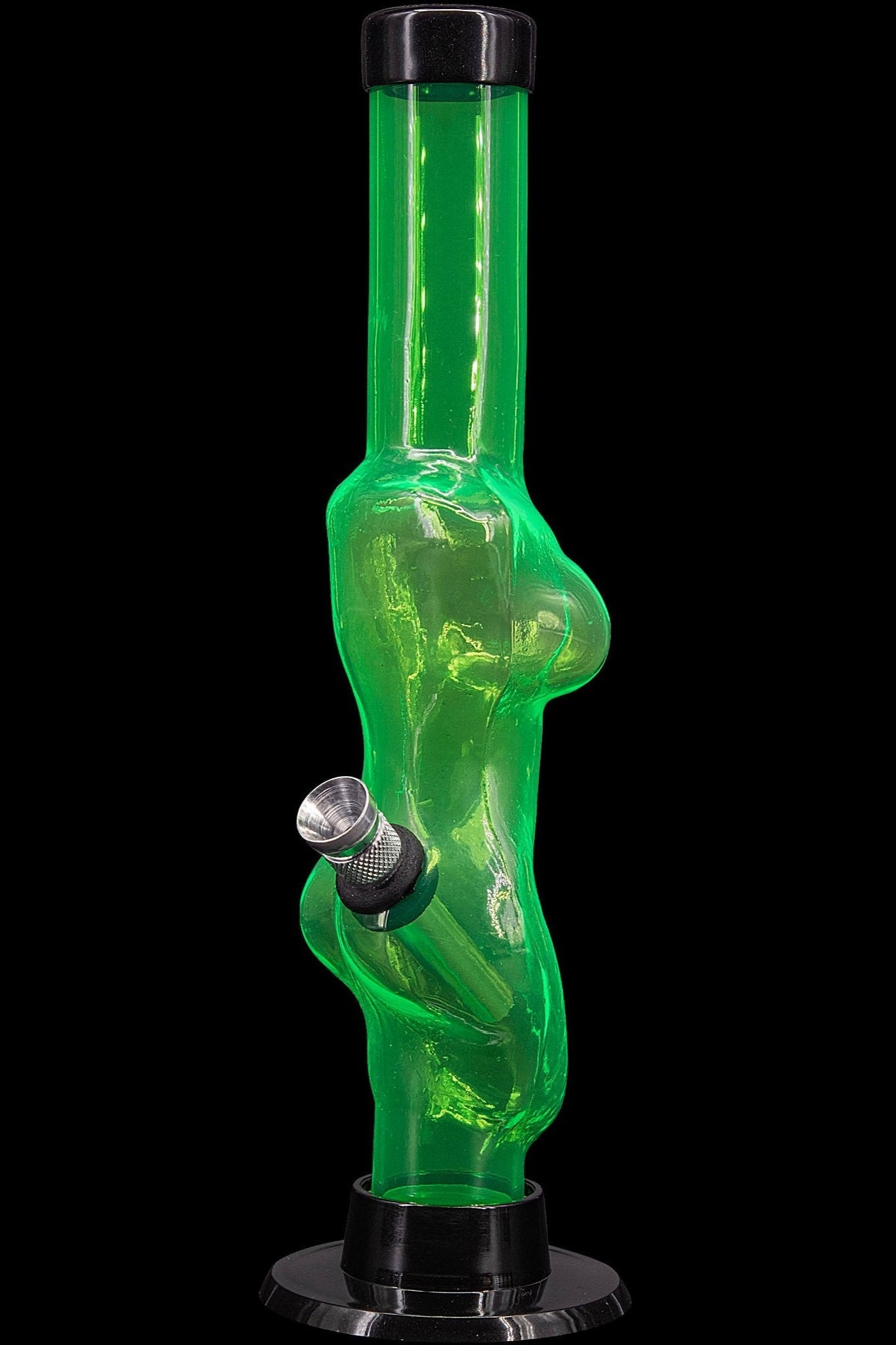 Green glass water pipe shaped like a female torso.