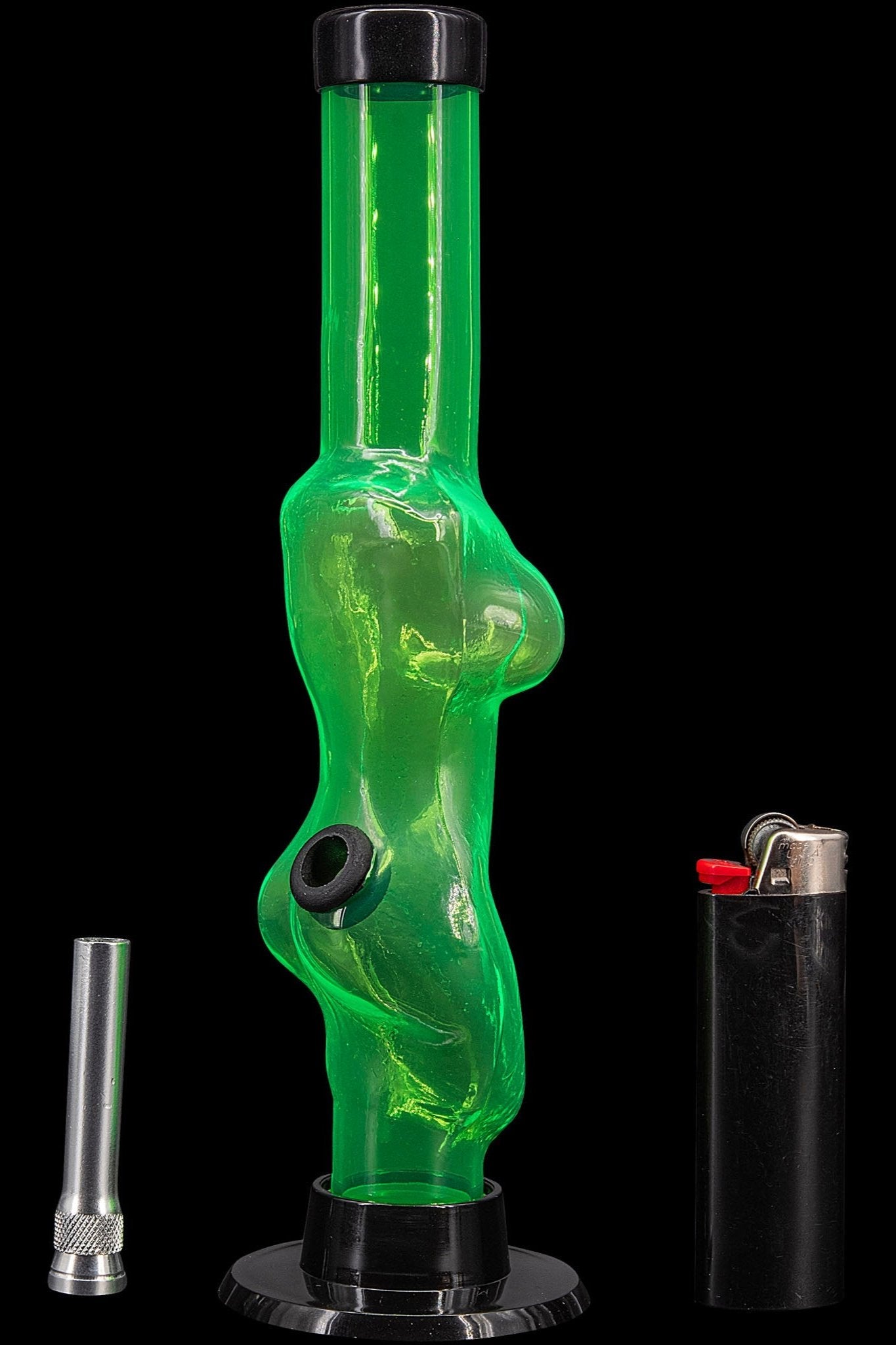 Green glass water pipe with a sculpted female form, displayed with a metal downstem and black lighter.