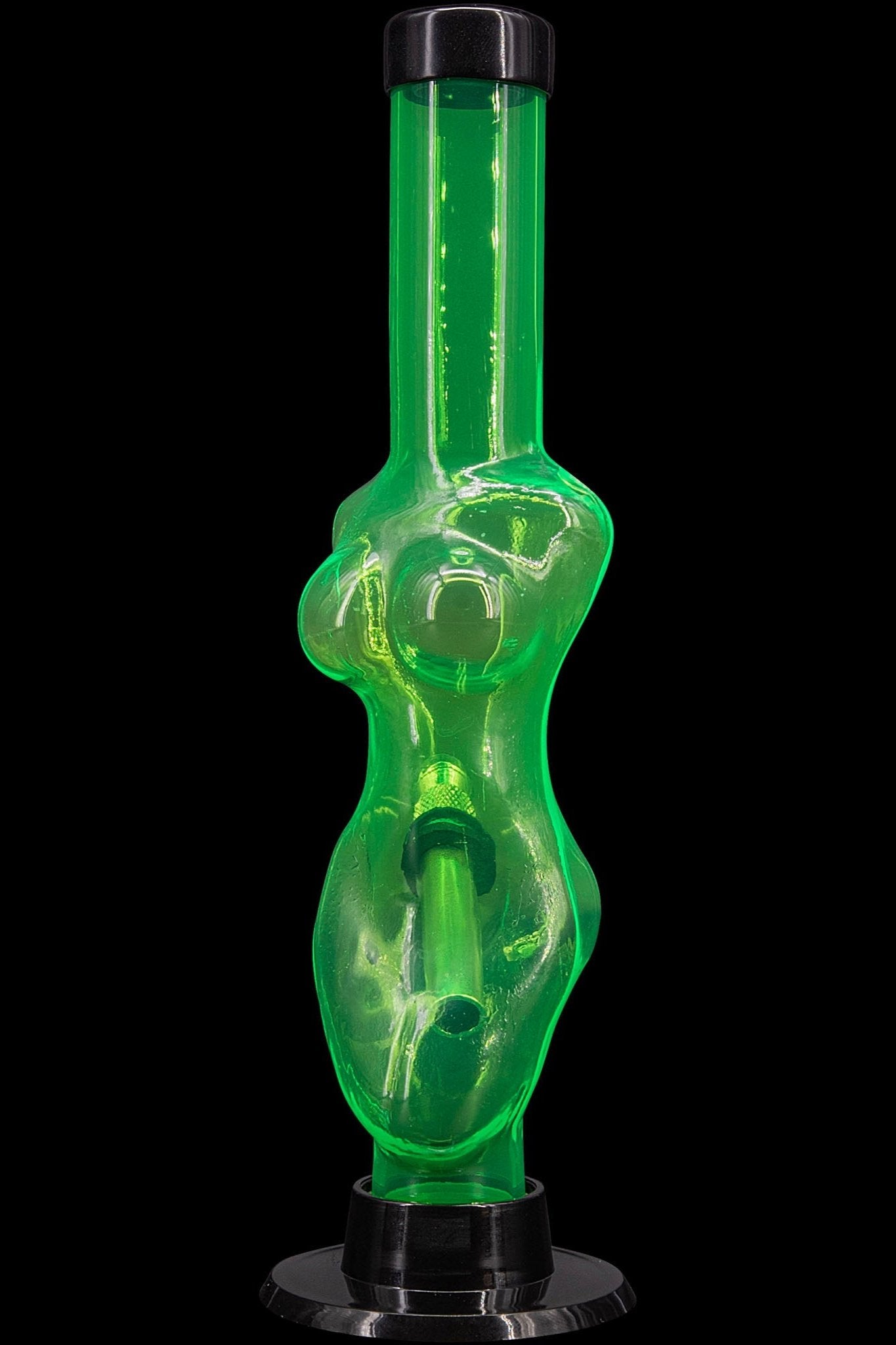 Green glass water pipe shaped like a female figure.
