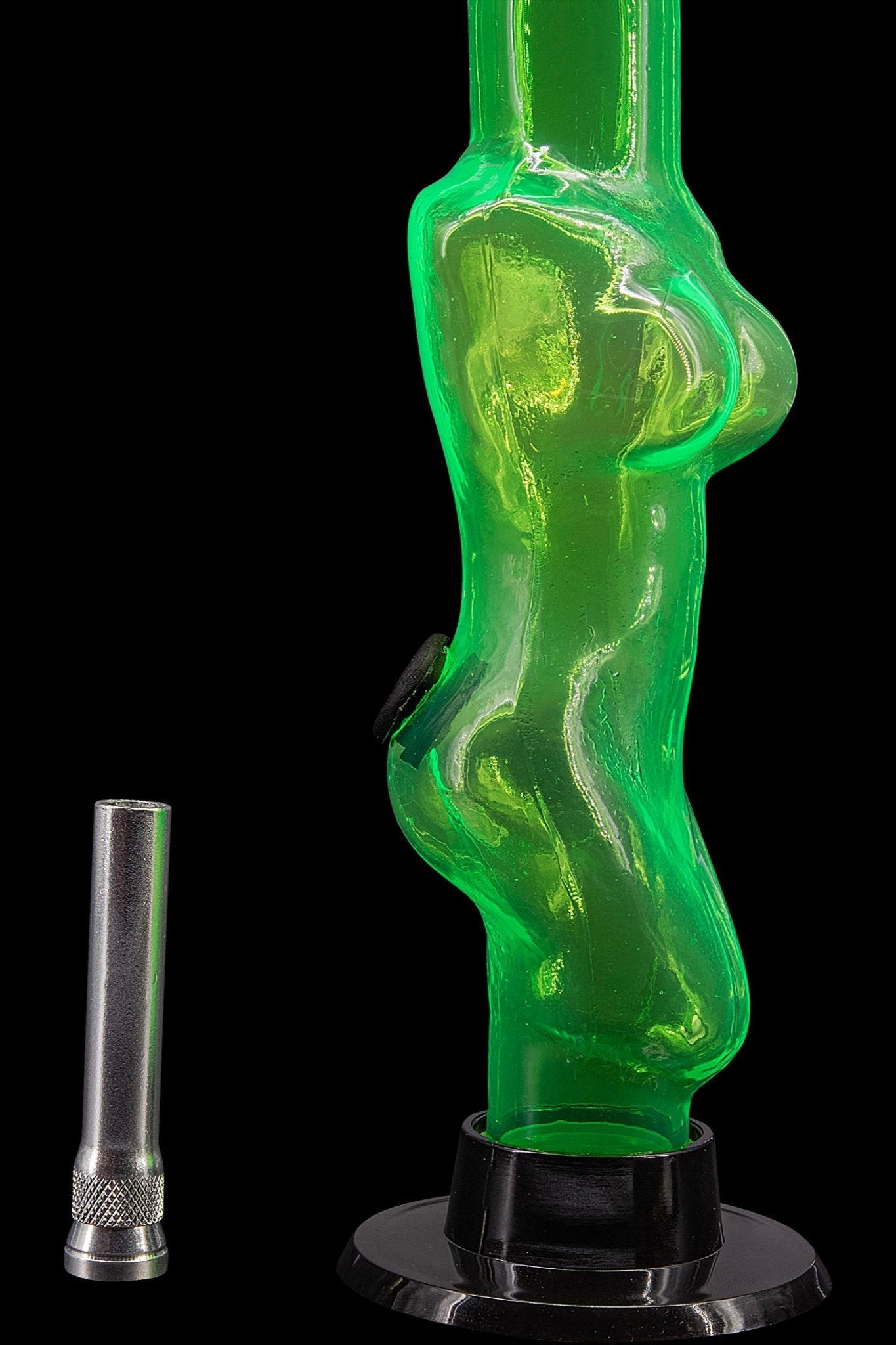 Green glass water pipe with a metallic mouthpiece, isolated on black.