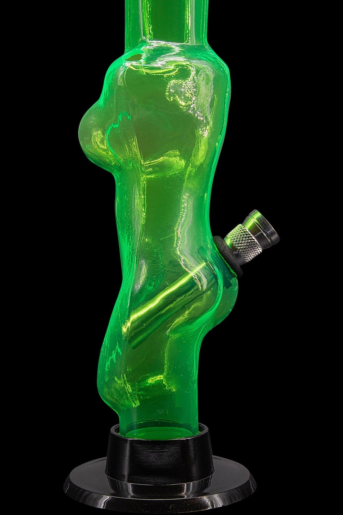 Green glass water pipe with sculpted, organic form.