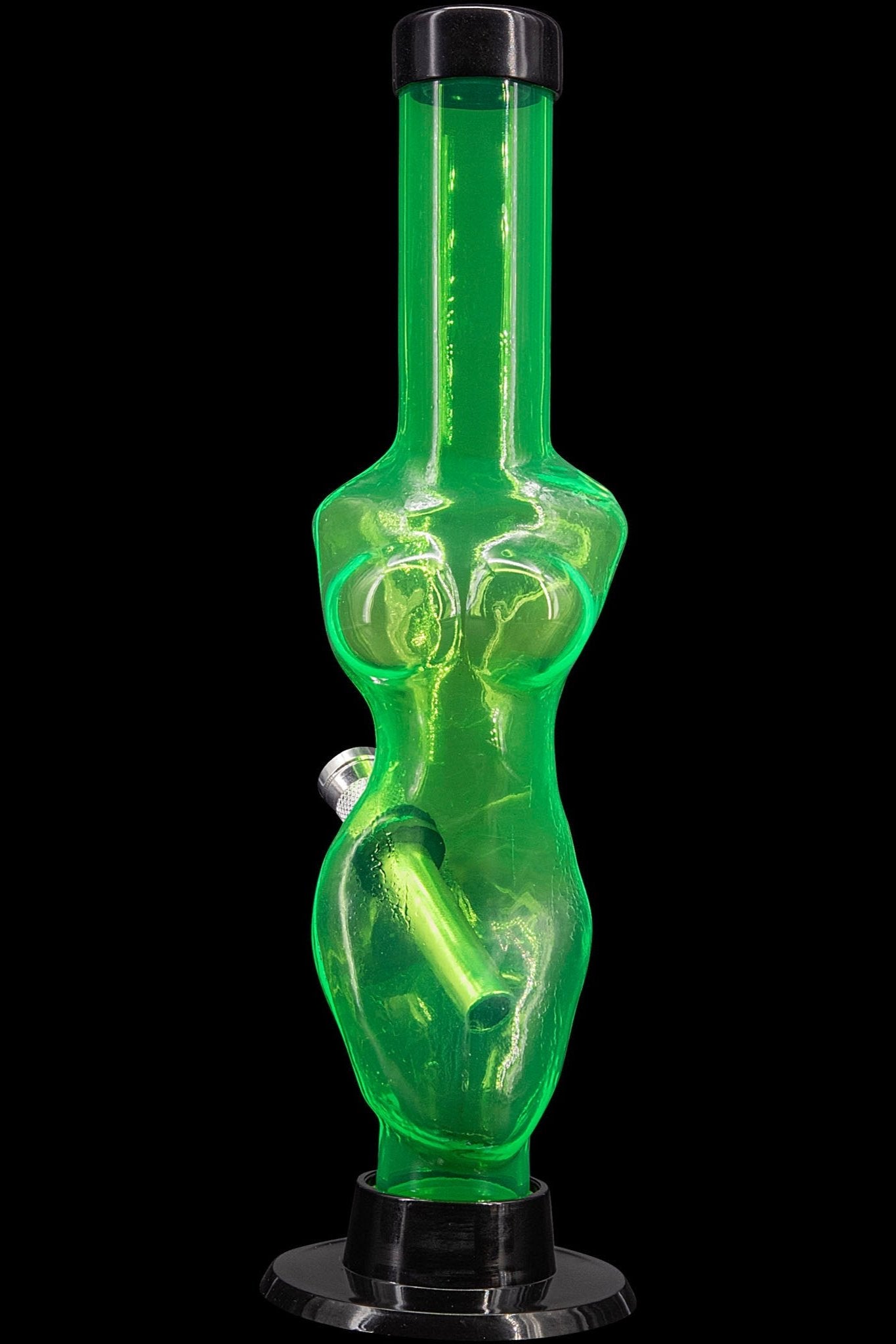 Green glass water pipe shaped like a female form.