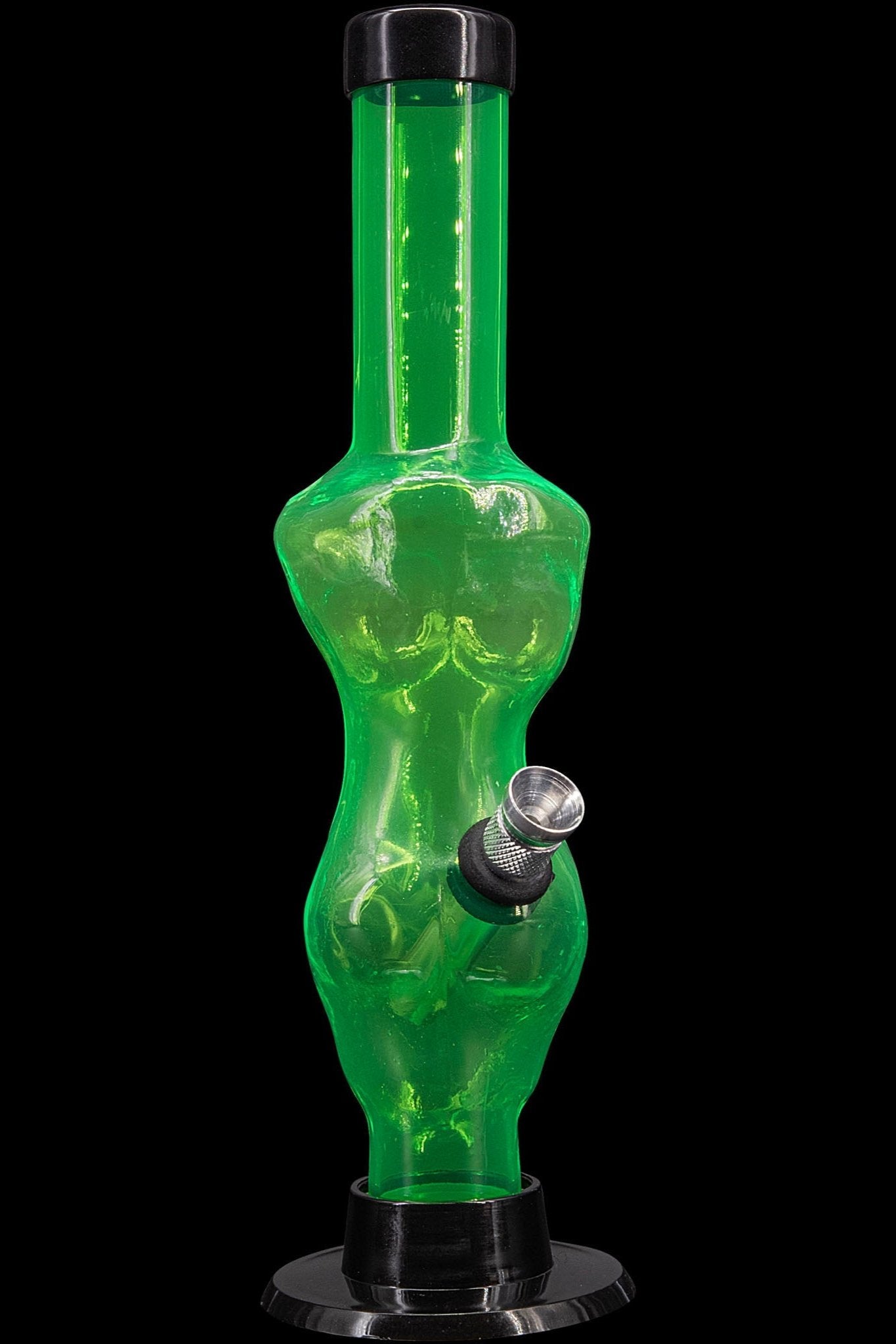 Green glass water pipe with a sculpted female torso design.
