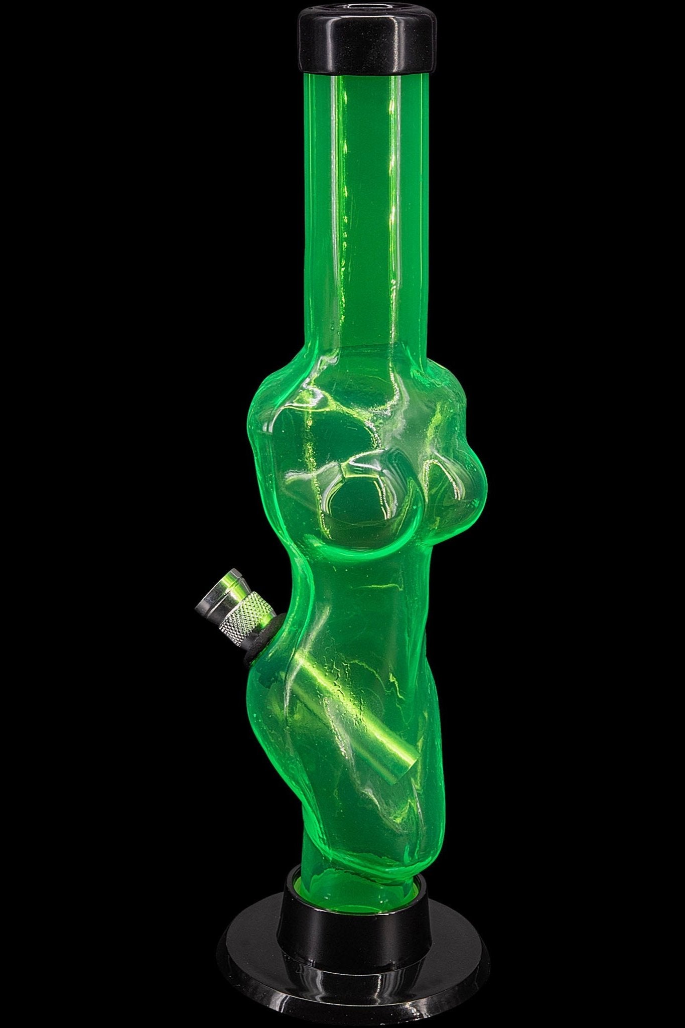 Green glass water pipe shaped like a female figure, with a metal screen visible.