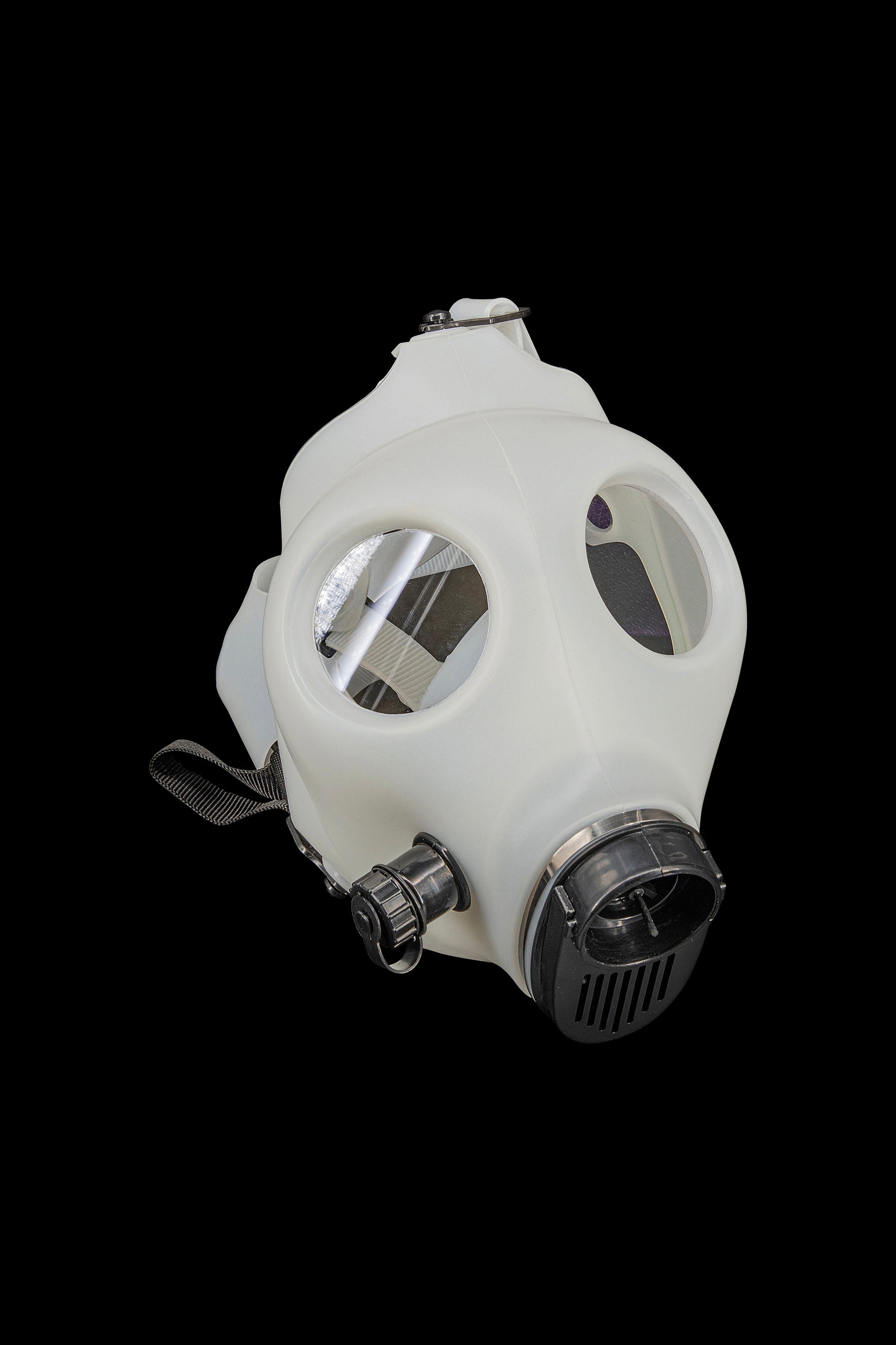 White gas mask with circular eye pieces and a black filter, often associated with cannabis consumption accessories.