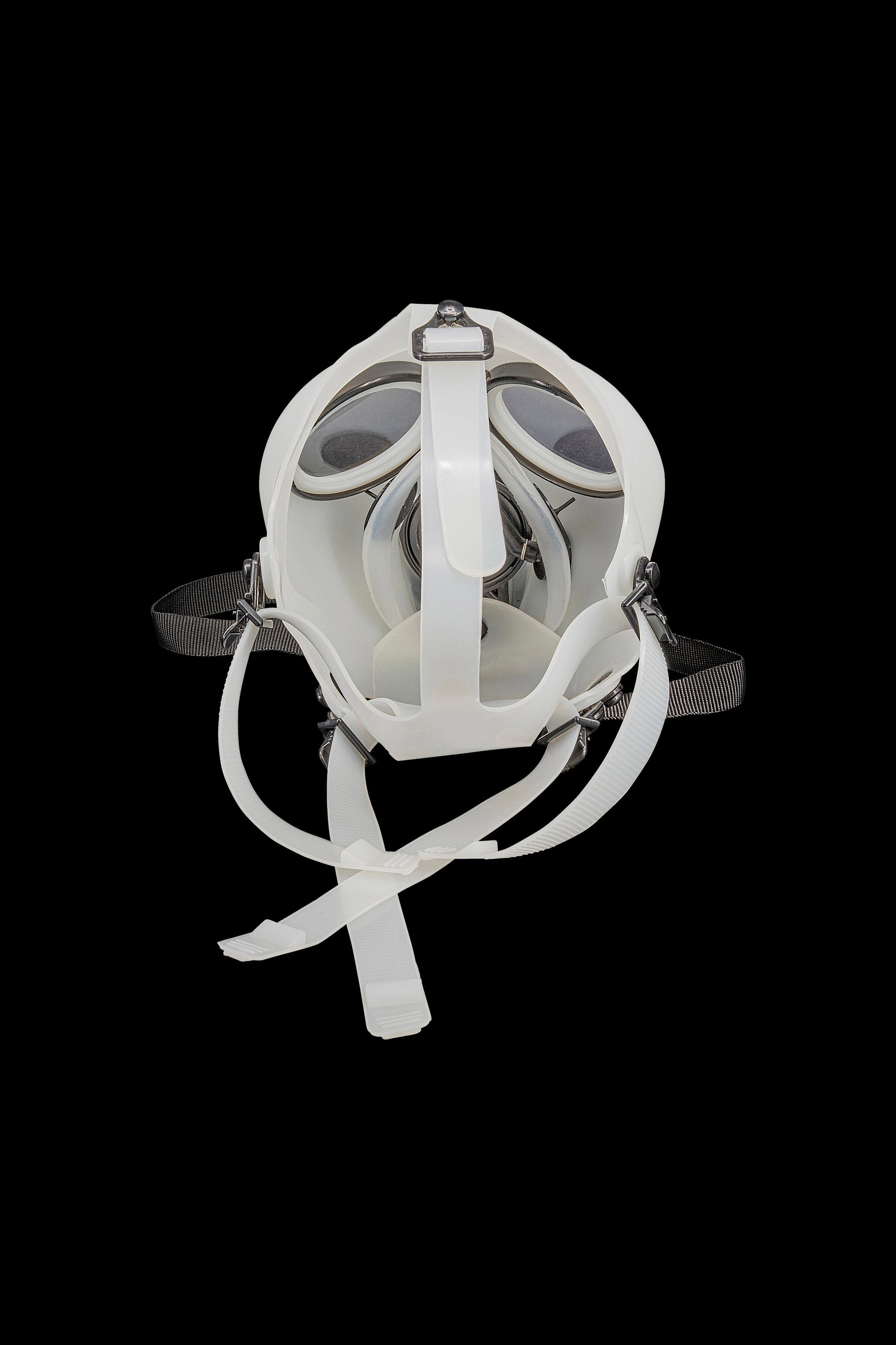 White cannabis smoking mask with clear eye lenses and adjustable straps, isolated on a black background.