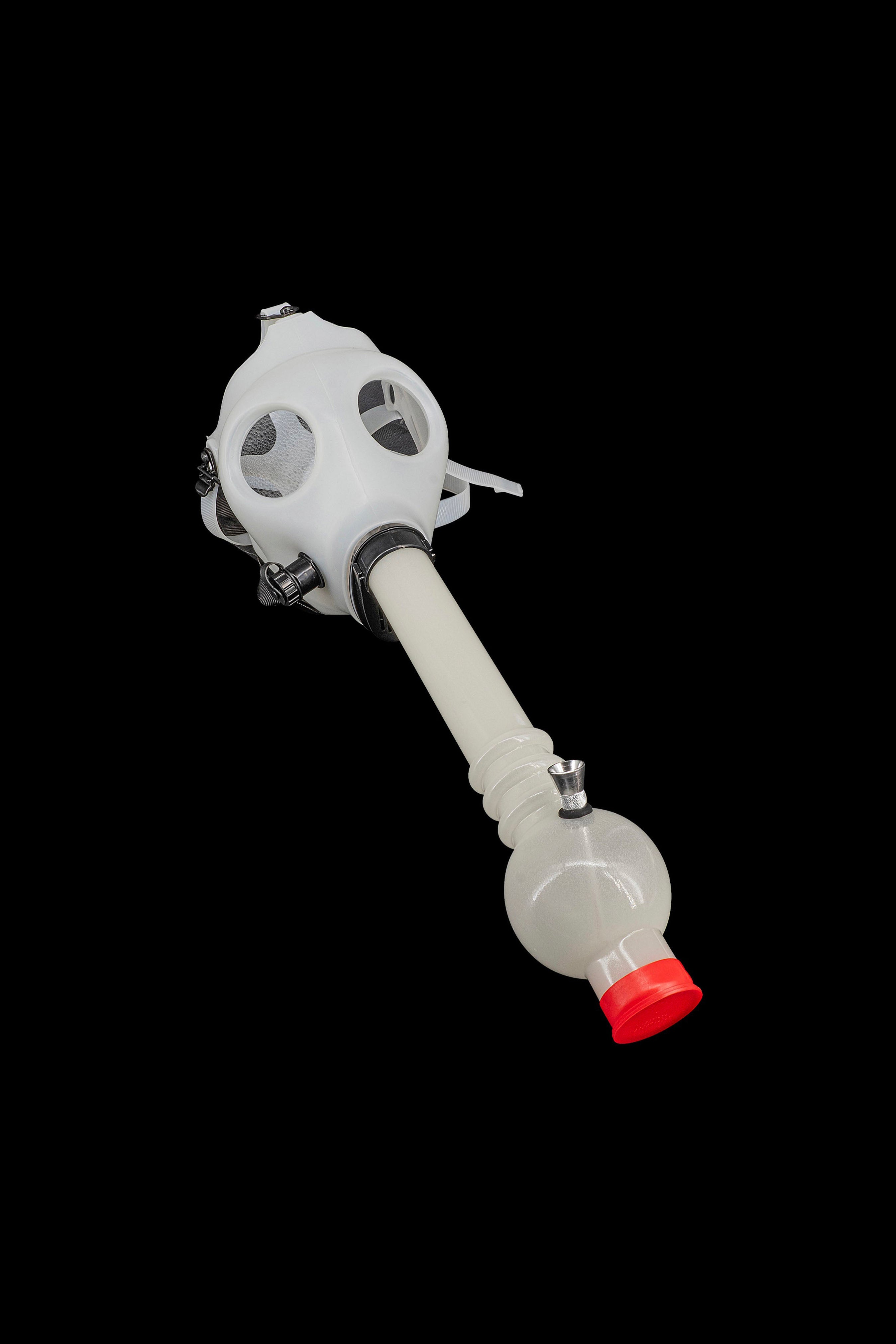 Gas mask bubbler with a glass globe and red mouthpiece.