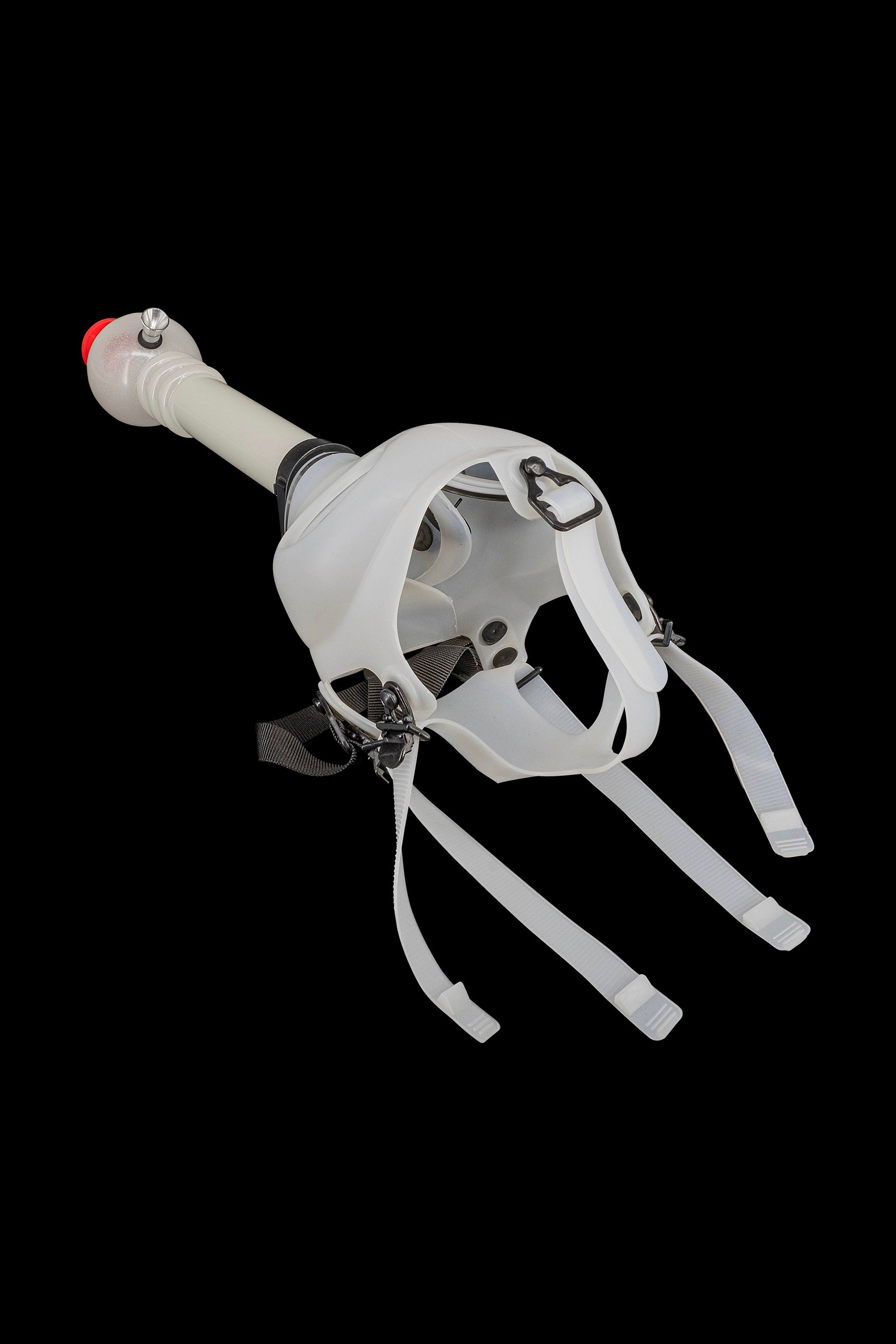 White cannabis vaporizer helmet with adjustable straps and a long mouthpiece.