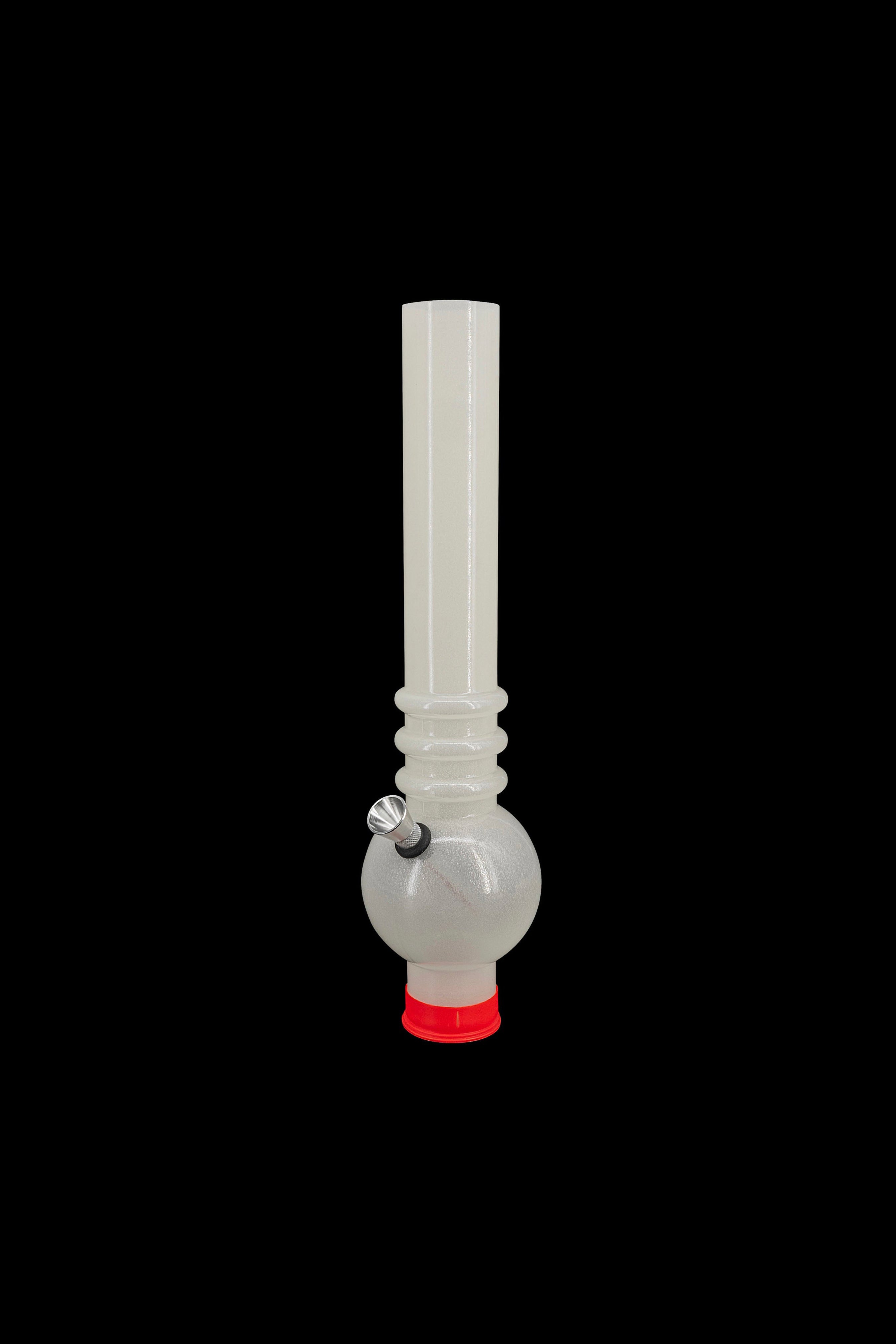 Clear glass water pipe with a spherical base and red mouthpiece.