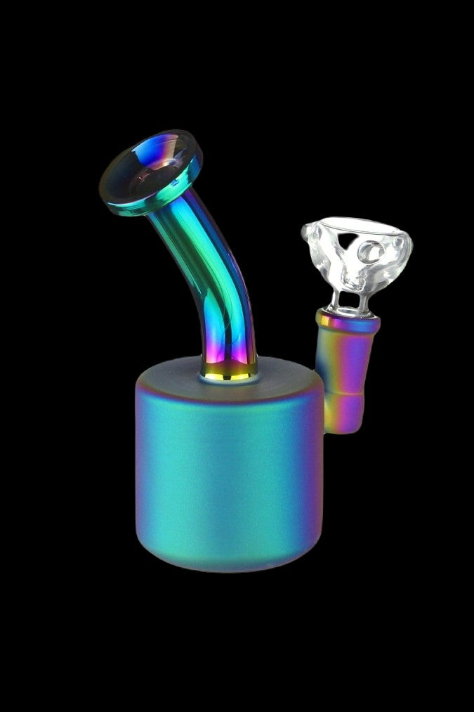 Iridescent glass bubbler water pipe with a clear glass bowl.