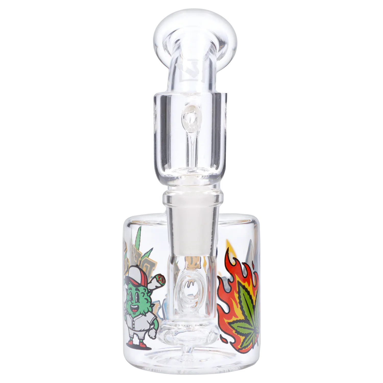 Top-front view of the clear “420 House Party” Smoking Box showing its glass joint and colorful cartoon flame and leaf graphics.