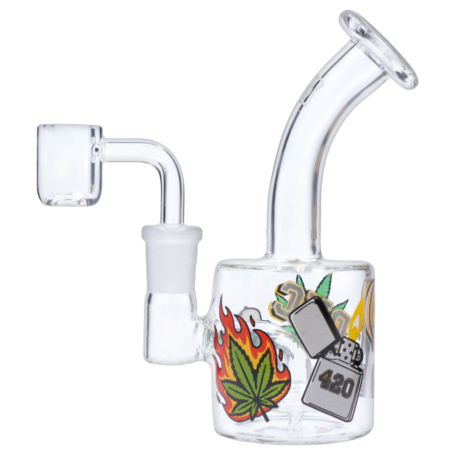 Angled close-up of the glass “420 House Party” Smoking Box showing its curved mouthpiece and colorful flame, leaf, and lighter decals.