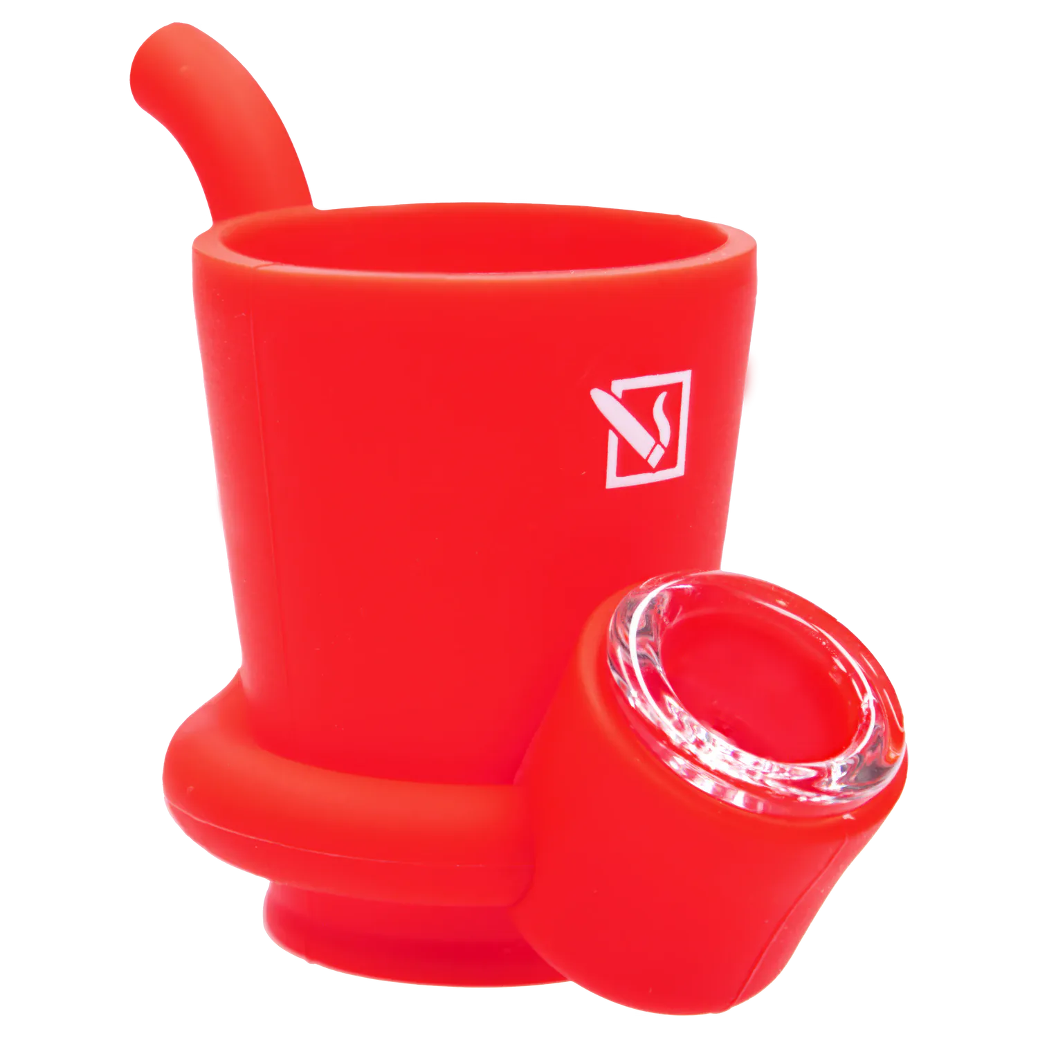 Close-up angled view of the bright red “420 House Party” Smoking Box showing its cylindrical mouthpiece, molded handle and clear glass bowl.