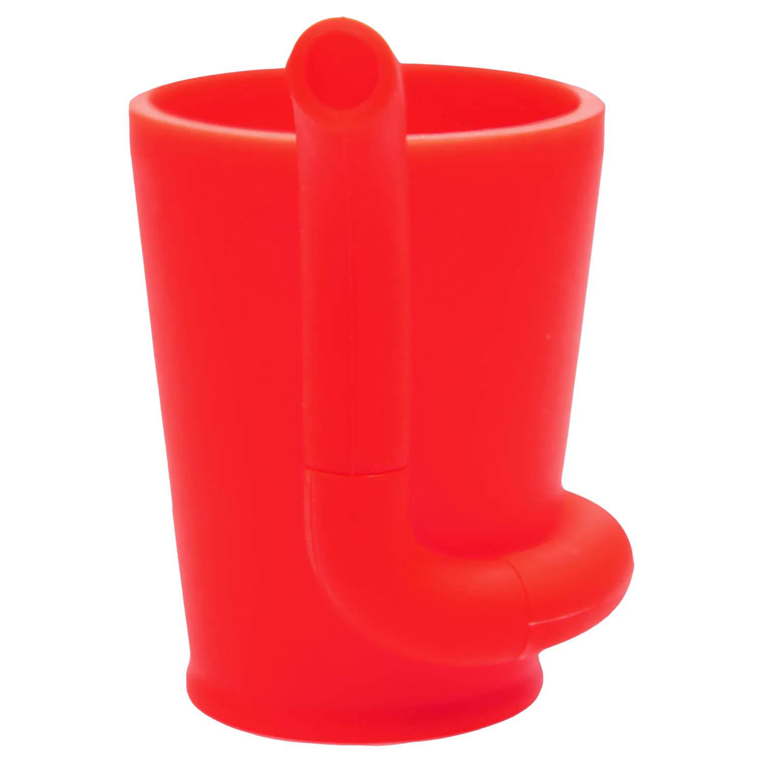 Close-up front view of the bright red “420 House Party” Smoking Box showing its cylindrical body and curved external tube.
