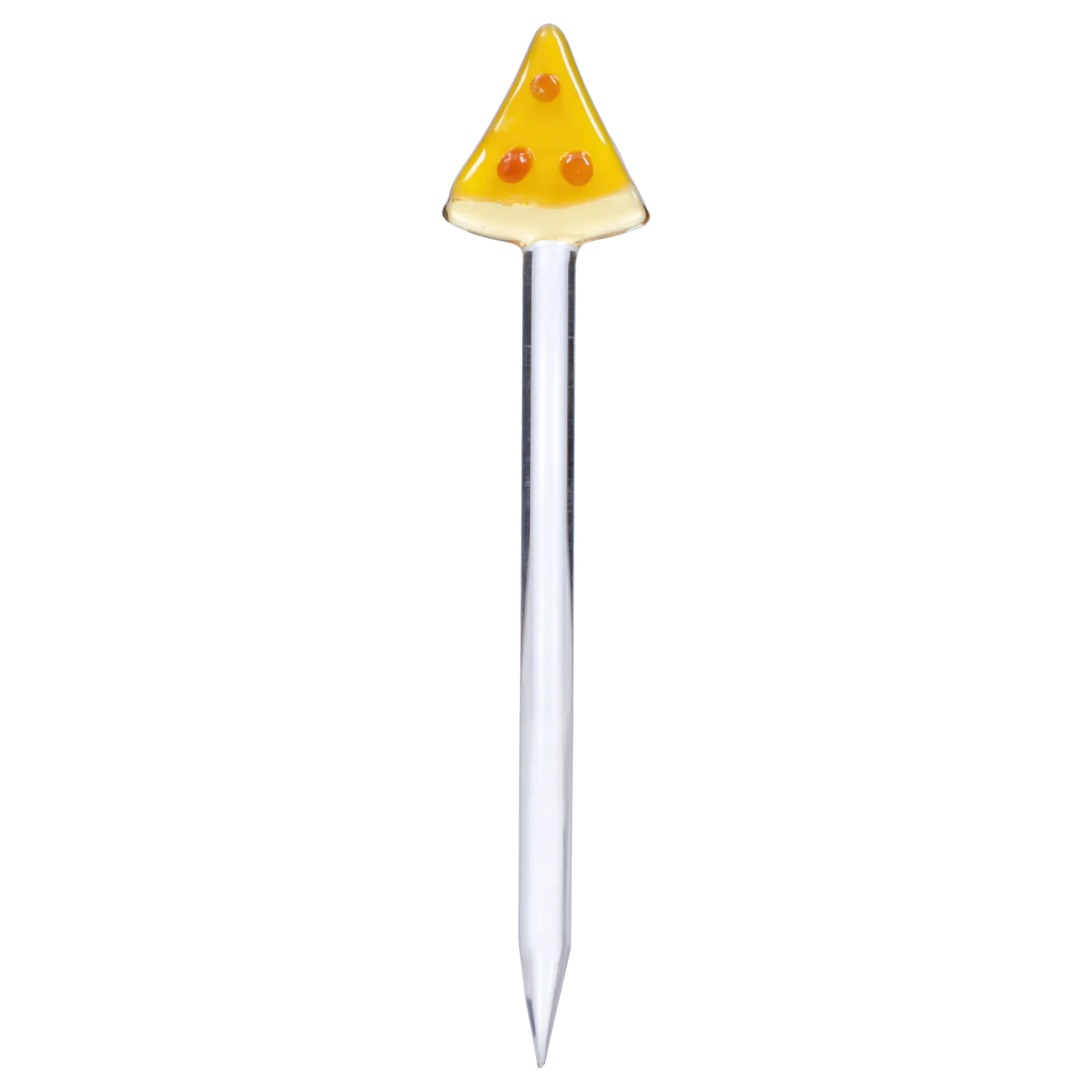 Top-down close-up of a clear glass pick with a triangular yellow tip and three orange dots from the “420 House Party” Smoking Box