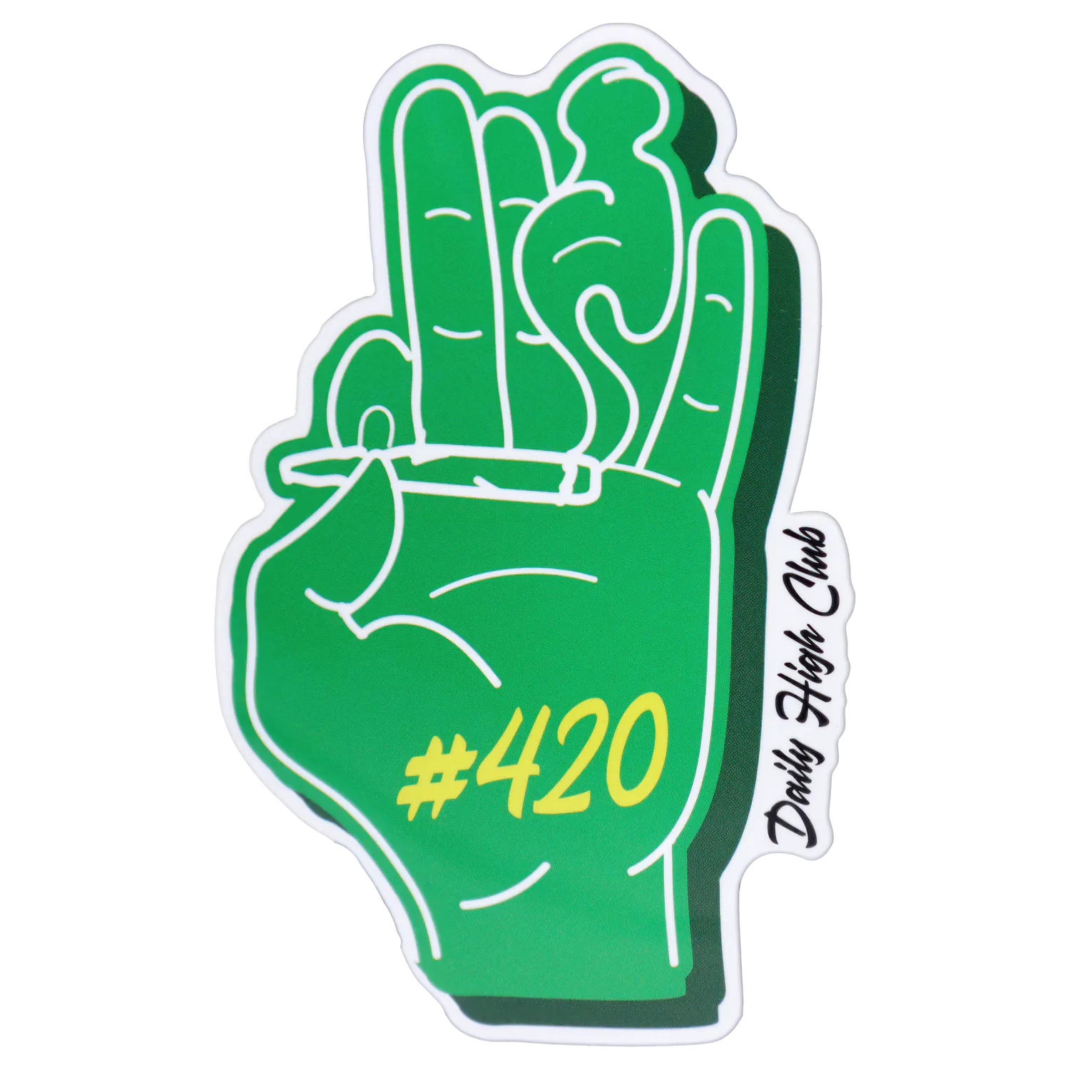 Close-up of a green foam hand sticker holding a lit joint with “#420” in yellow, titled ““420 House Party” Smoking Box.”
