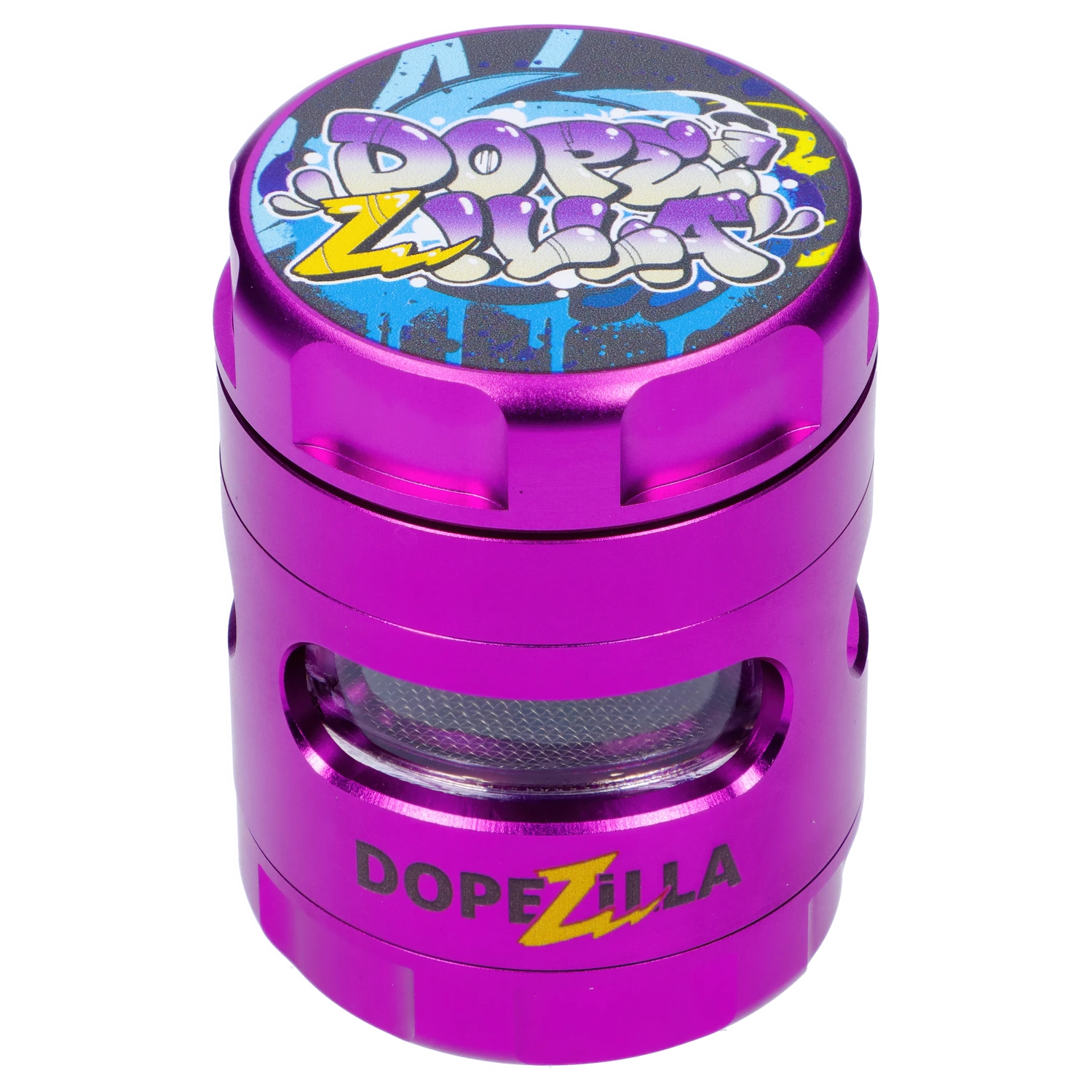 Close-up top-down view of the metallic purple “Epic 420 House Party” Deluxe Box showing a graffiti-style lid graphic and rounded windowed sides.