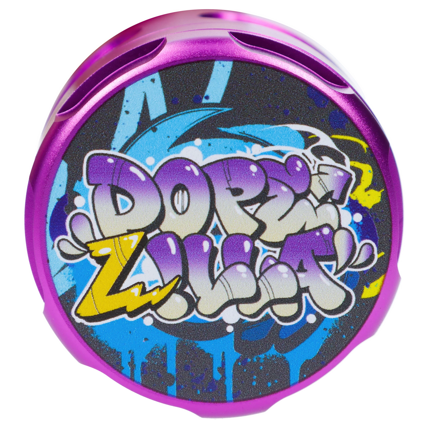 Close-up top-down view of the purple “Epic 420 House Party” Deluxe Box lid featuring bold graffiti lettering and blue paint-splash background.