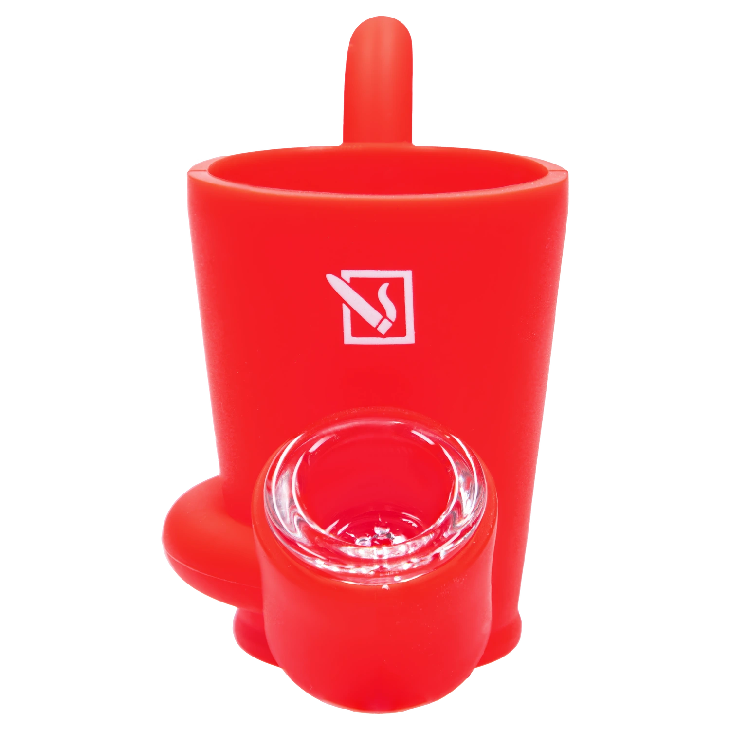 Close-up front view of the bright red “Epic 420 House Party” Deluxe Box showing its cylindrical cup, a clear glass bowl, and a white smoking icon on the smooth surface.