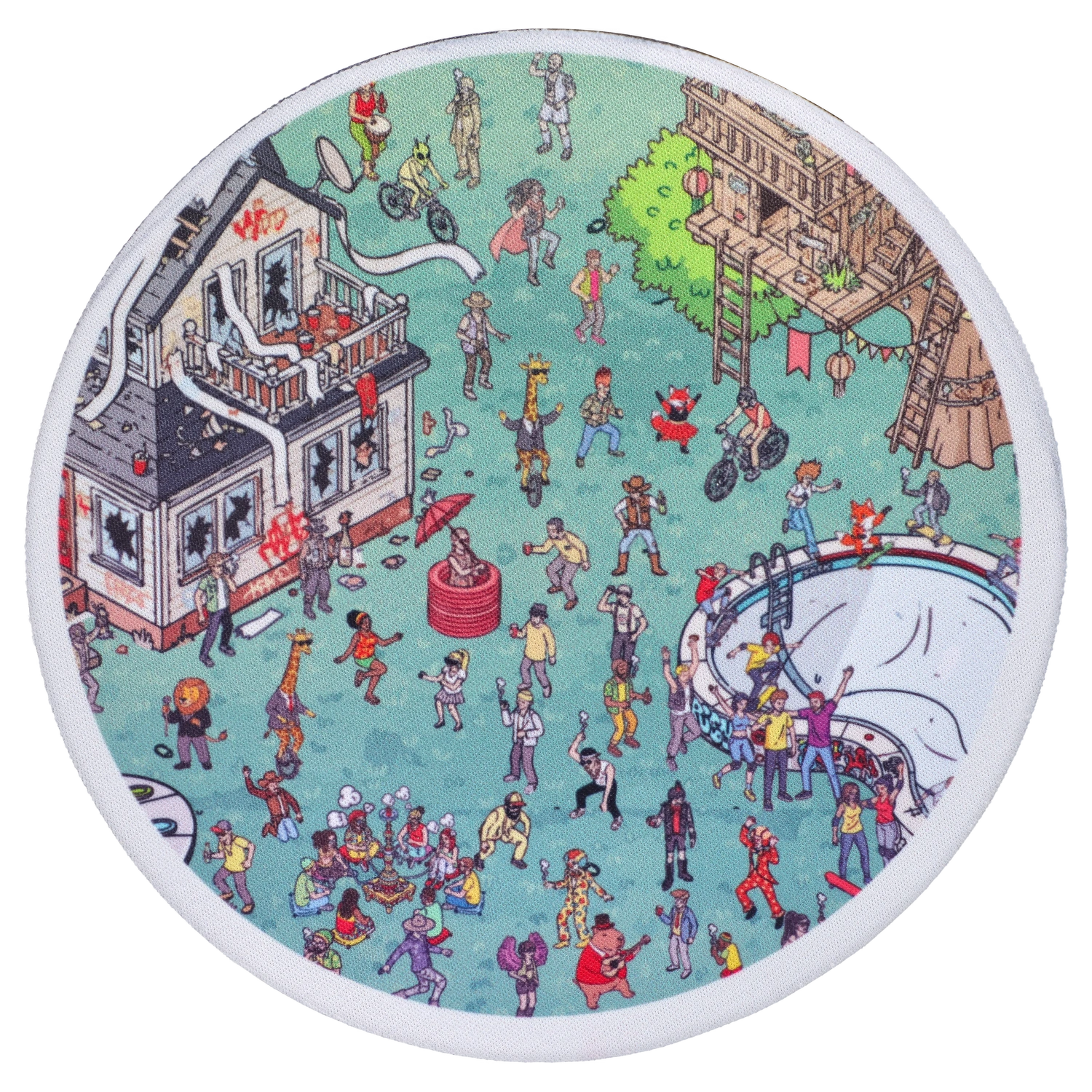 Top-down view of a crowded backyard scene on the “Epic 420 House Party” Deluxe Box showing tiny illustrated partygoers, a burning house, a treehouse, and a drained pool.