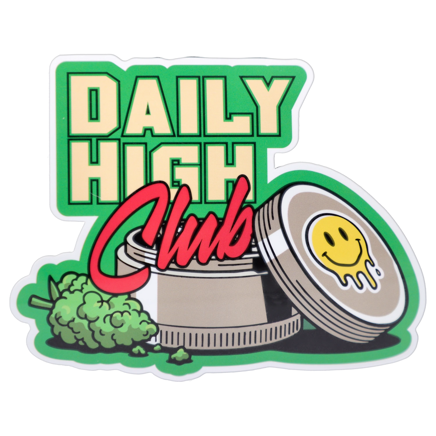Bright sticker-style illustration of the “Epic 420 House Party” Deluxe Box showing bold "DAILY HIGH Club" text above an open grinder, smiling melting face on the lid, and green buds.