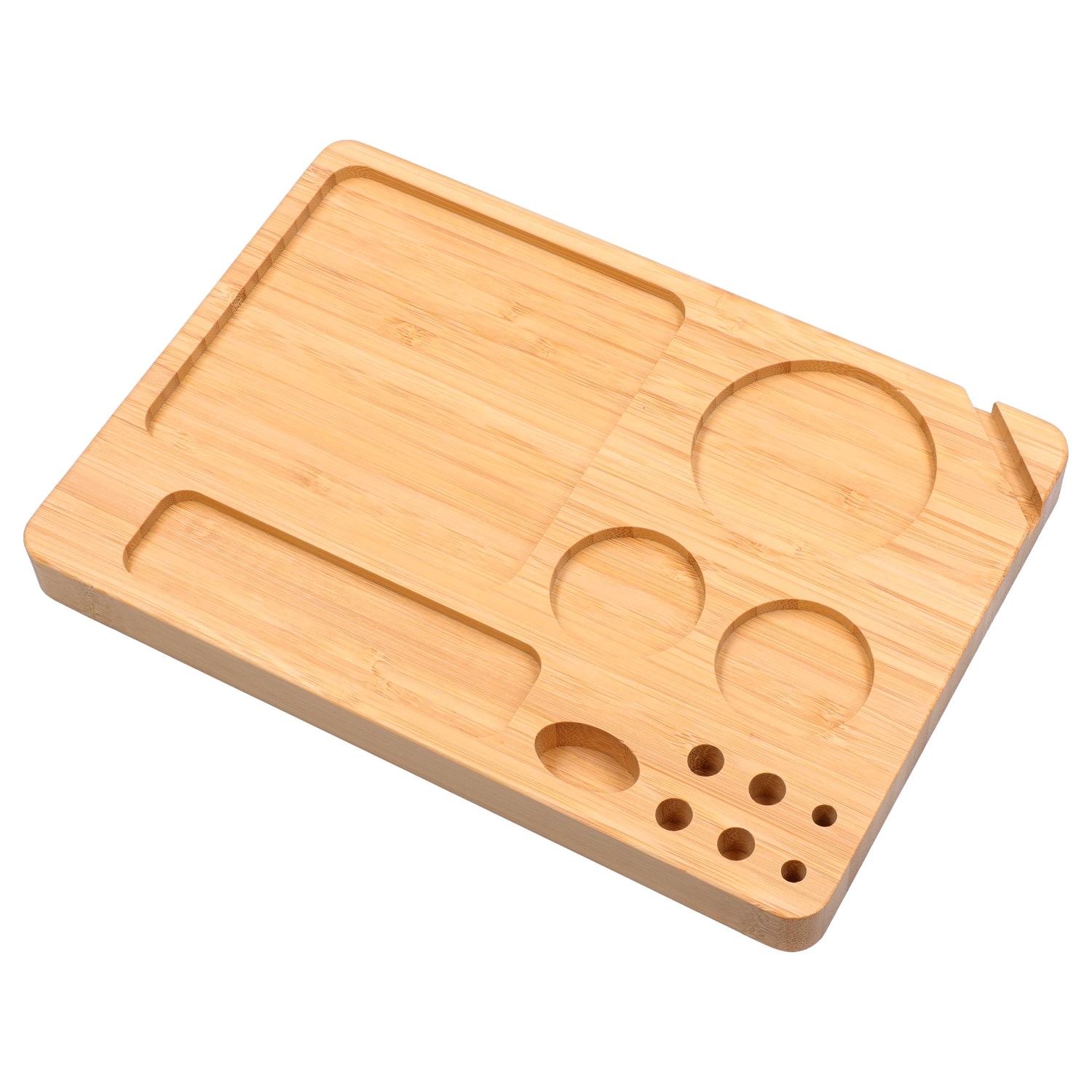 Angled top-down view of a light bamboo organizer board for the “Epic 420 House Party” Deluxe Box showing rectangular and circular recessed trays and small round wells.