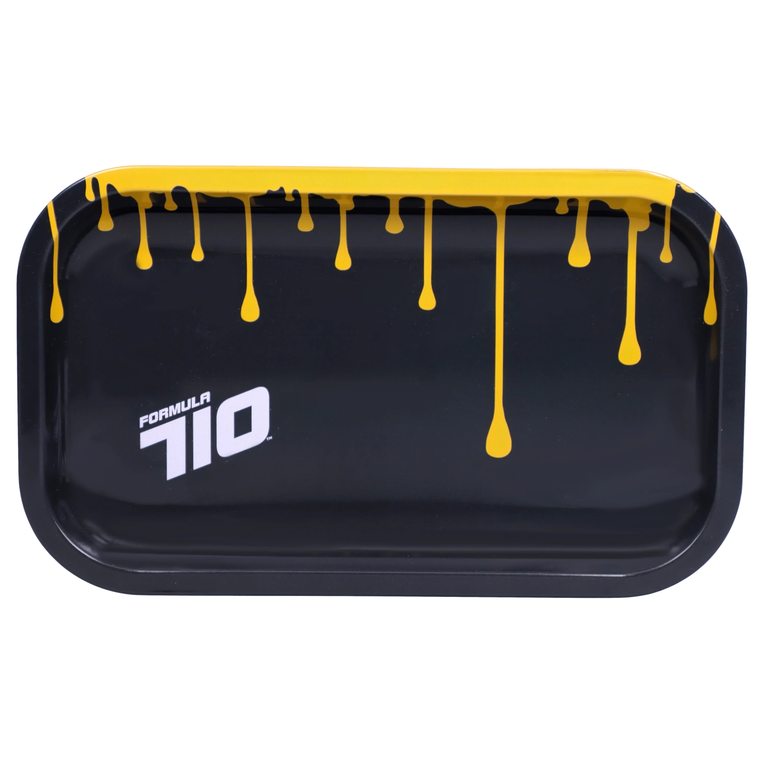 Top-down view of the “Epic 420 House Party” Deluxe Box showing a black tray with yellow paint-drip graphics and a white "Formula 710" logo.