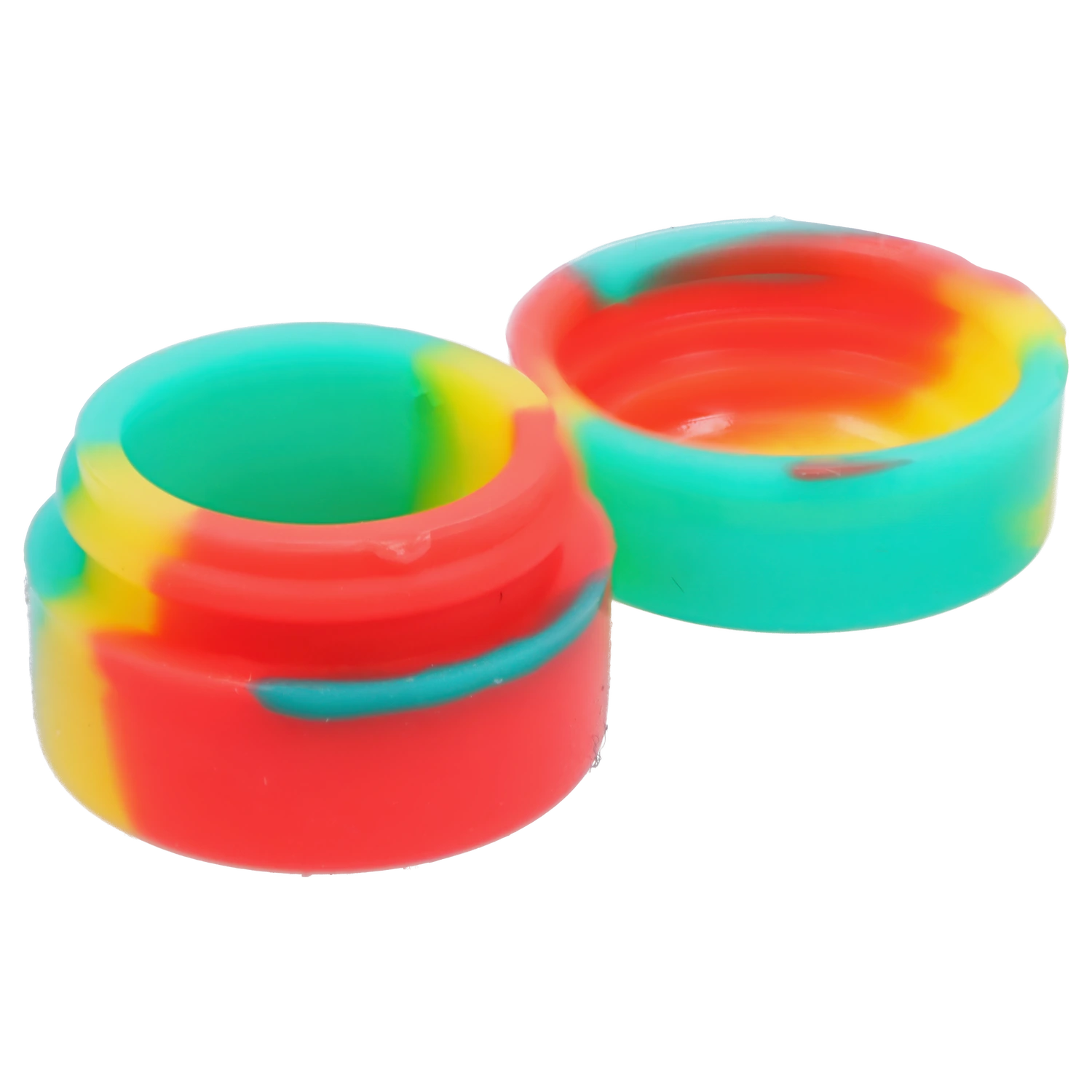 Close-up angled view of two colorful silicone containers from the “Epic 420 House Party” Deluxe Box showing red, teal and yellow swirled interiors and ribbed sides.
