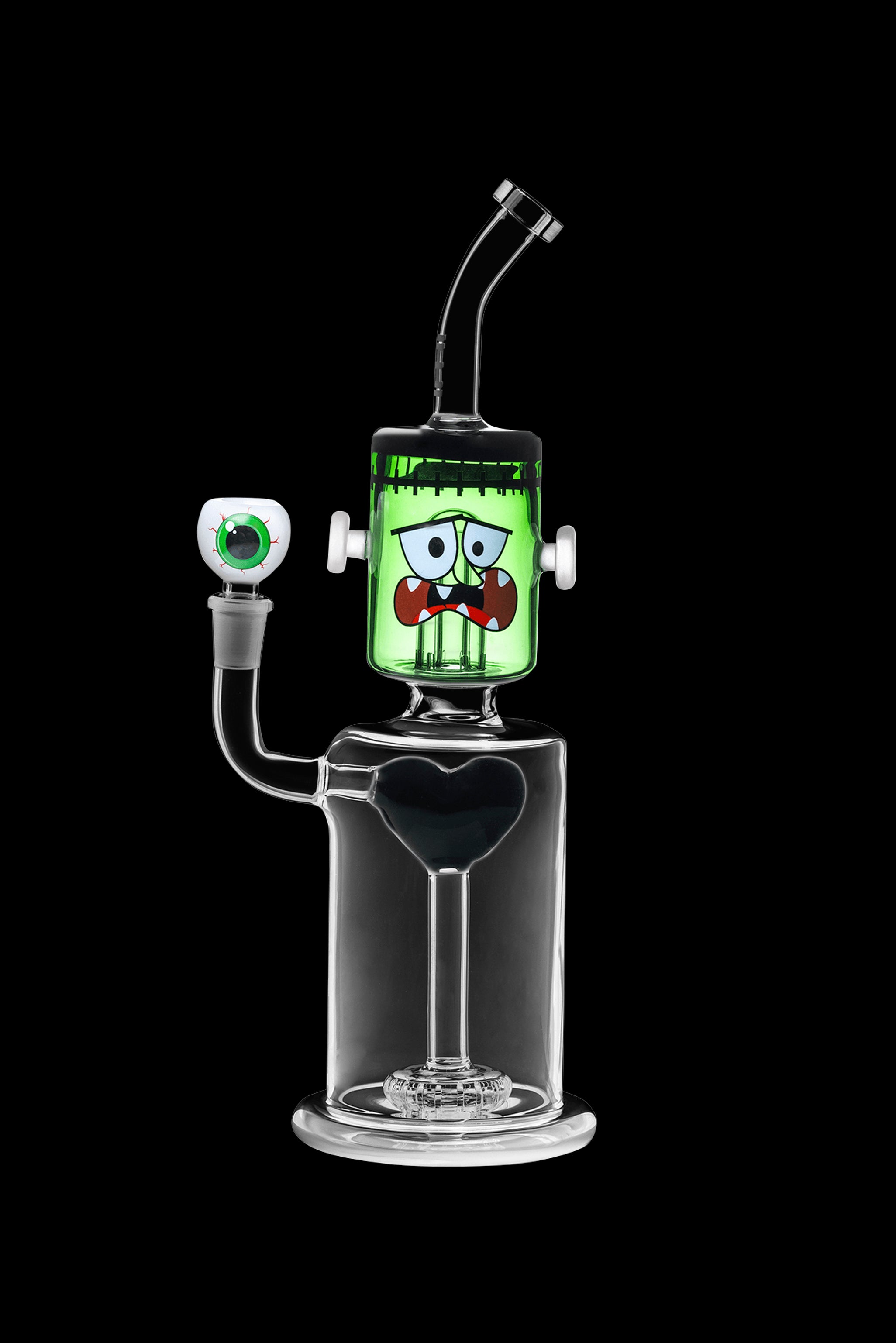 Glass water pipe shaped like Frankenstein's monster with a clear base and green head, isolated on a black background.