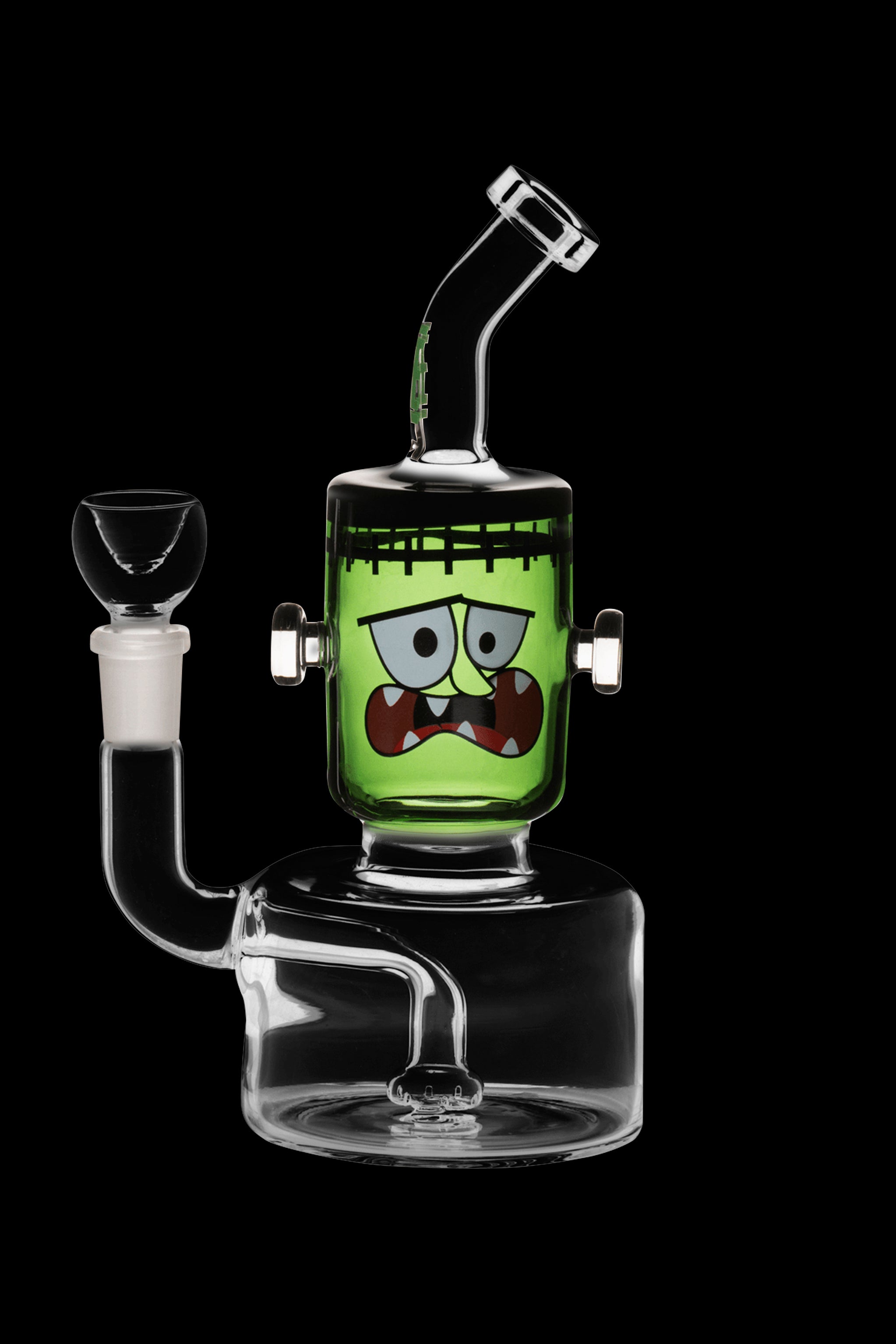 Green glass water pipe shaped like Frankenstein's monster with detachable glass bowl.