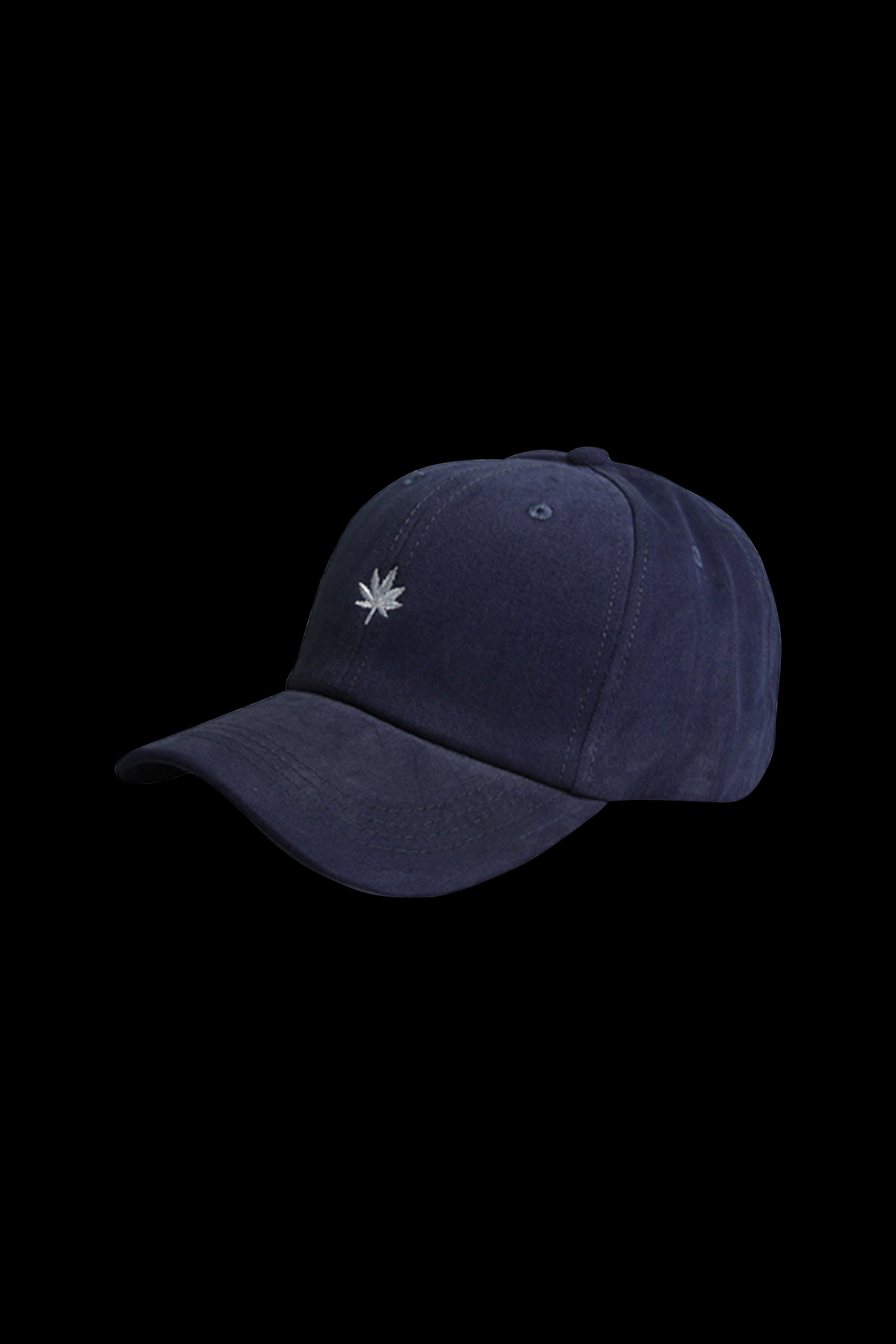 Navy blue baseball cap embroidered with a white cannabis leaf.