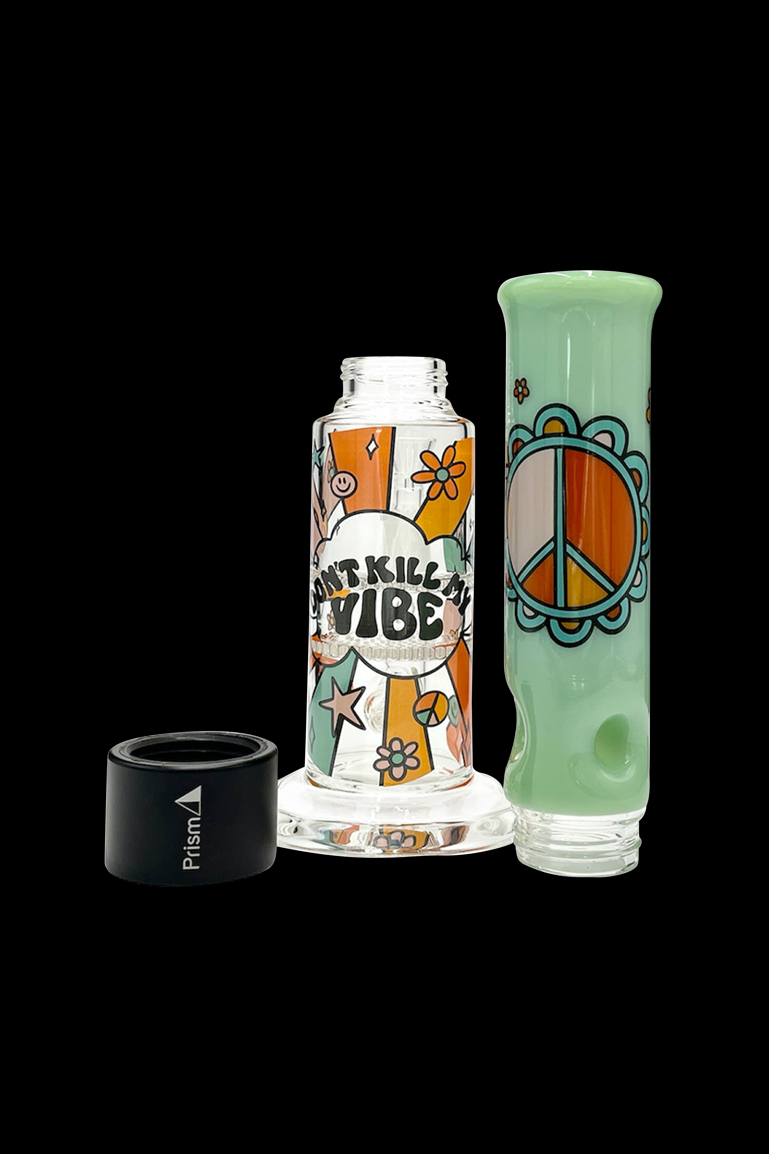 A vibrant glass water pipe with a retro peace sign and floral design, alongside a black airtight container labeled "Prism."