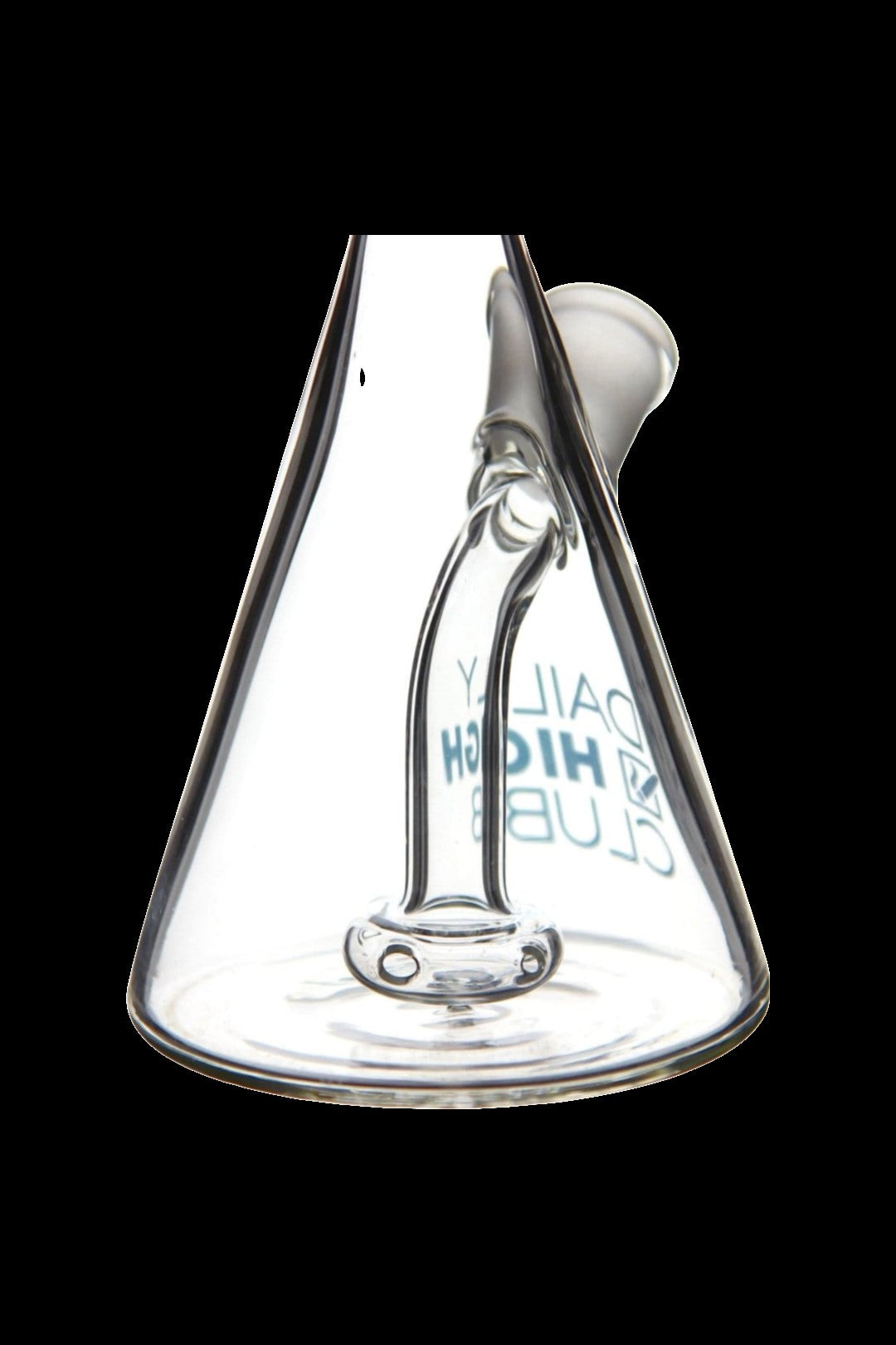 Clear glass water pipe with turquoise lettering.