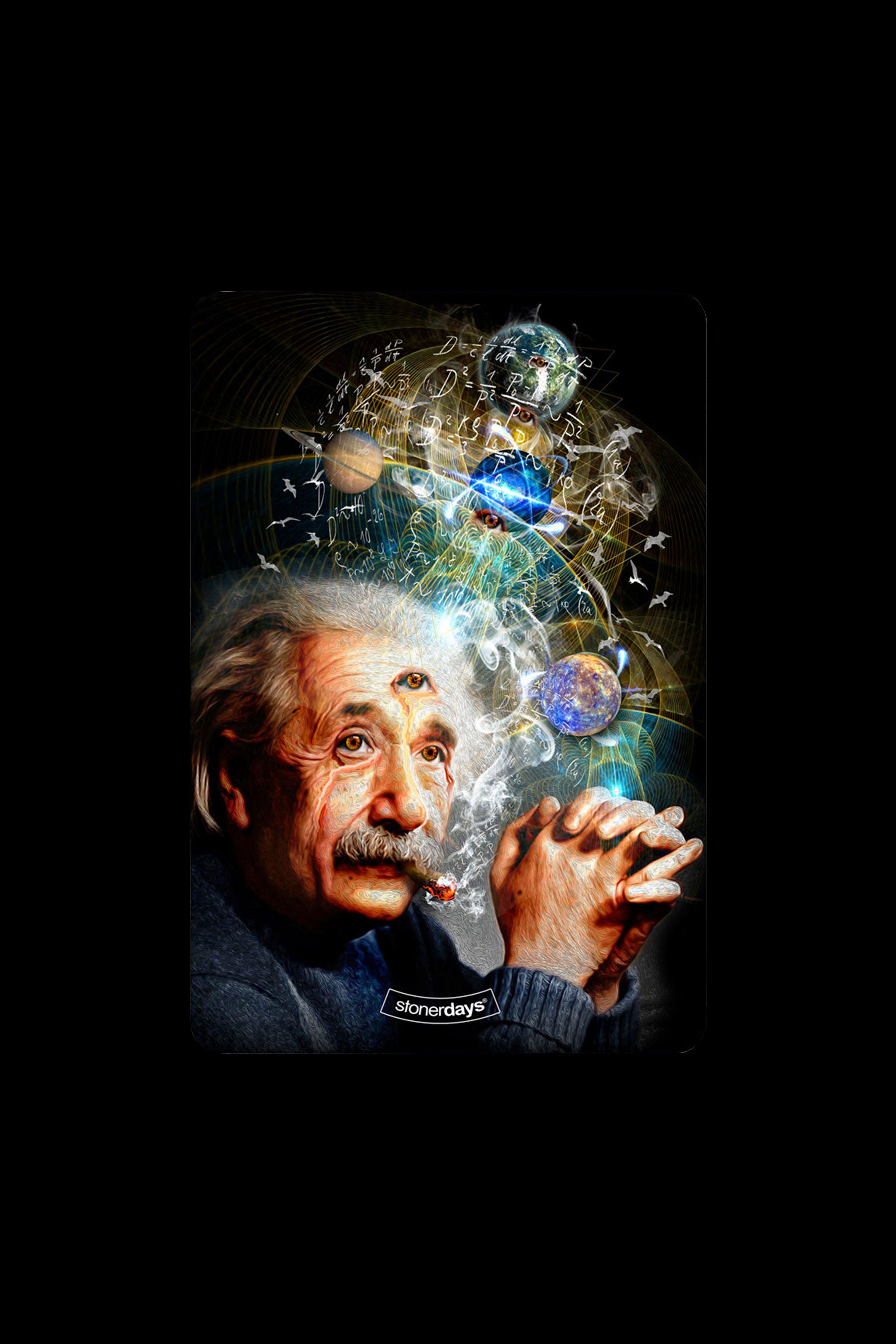 Digital painting of Albert Einstein smoking, with swirling galaxies and equations emanating from his head, branded with “stonerdays.”"