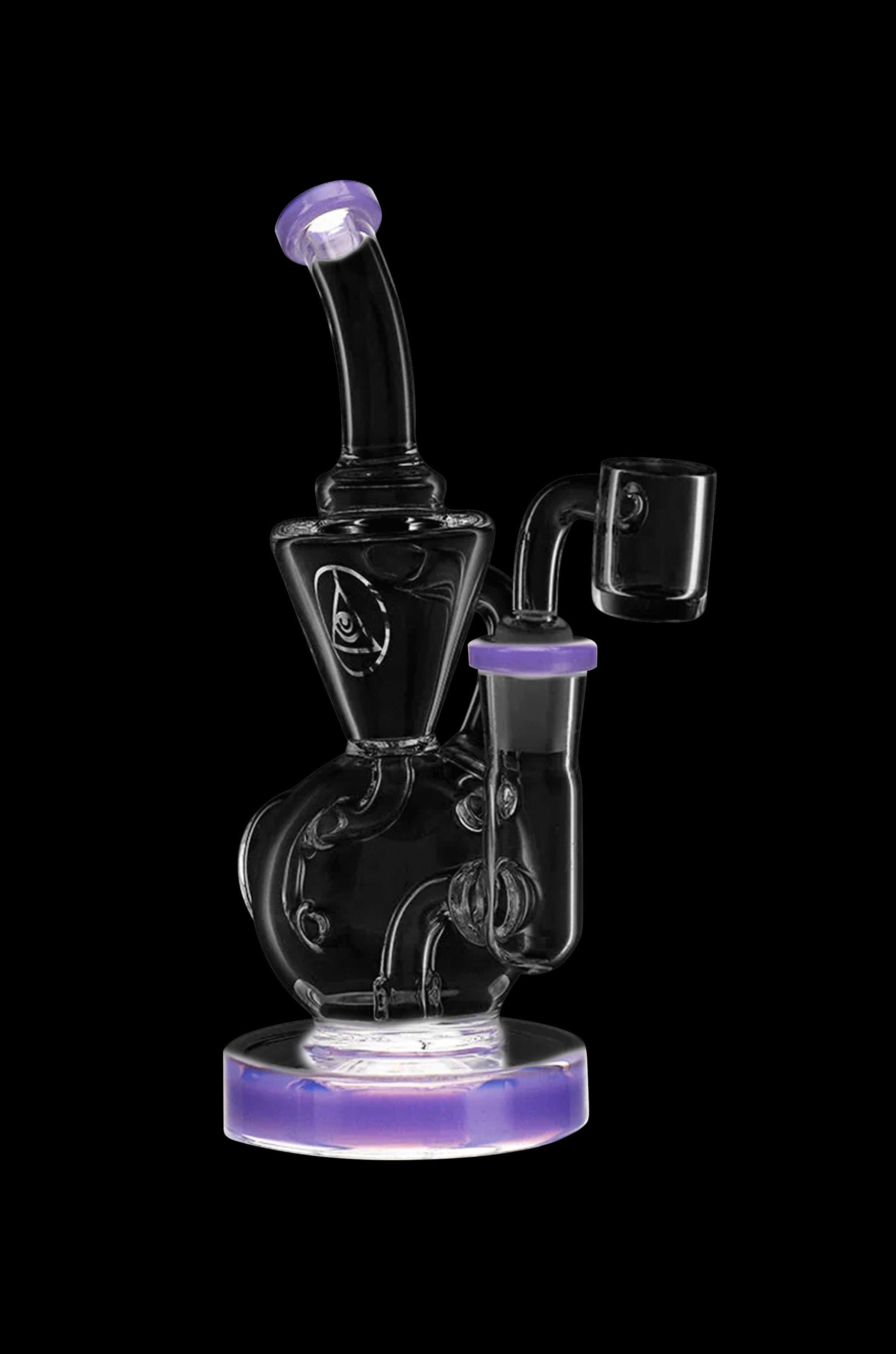 Clear glass water pipe (rig) with purple accents, alongside a glass bowl, isolated on a black background.