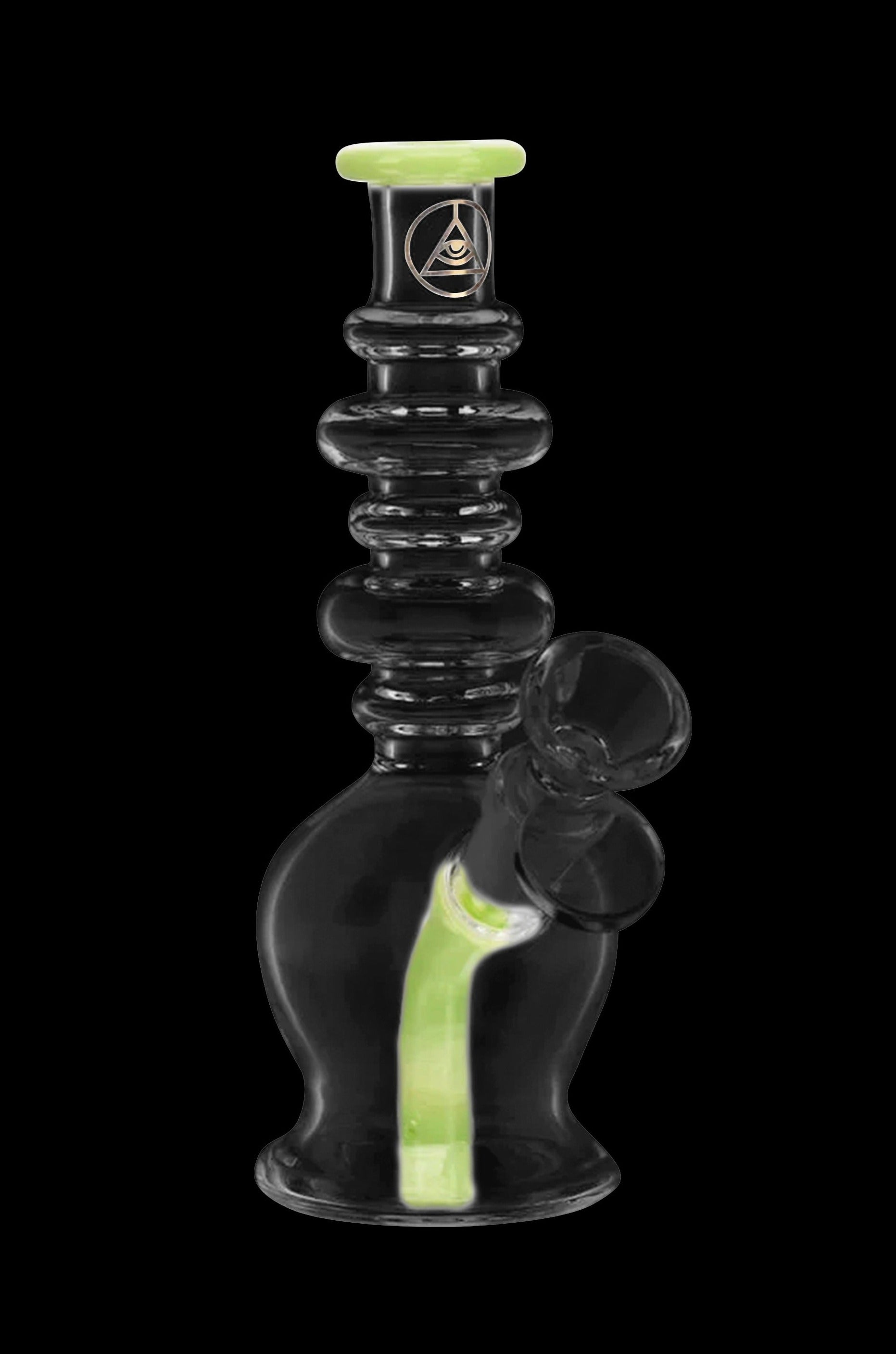 Green glass bubbler water pipe with intricate design.