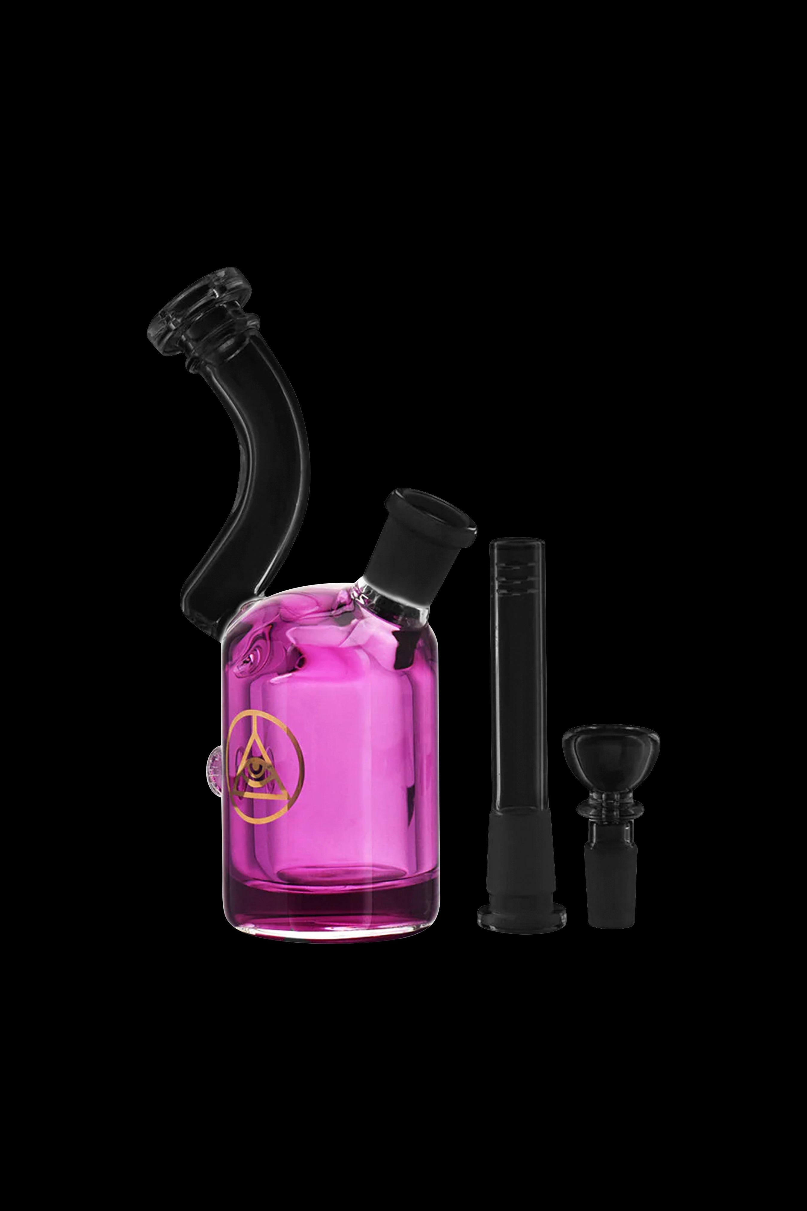 Pink glass bubbler water pipe with black downstem and bowl, studio shot on black background.