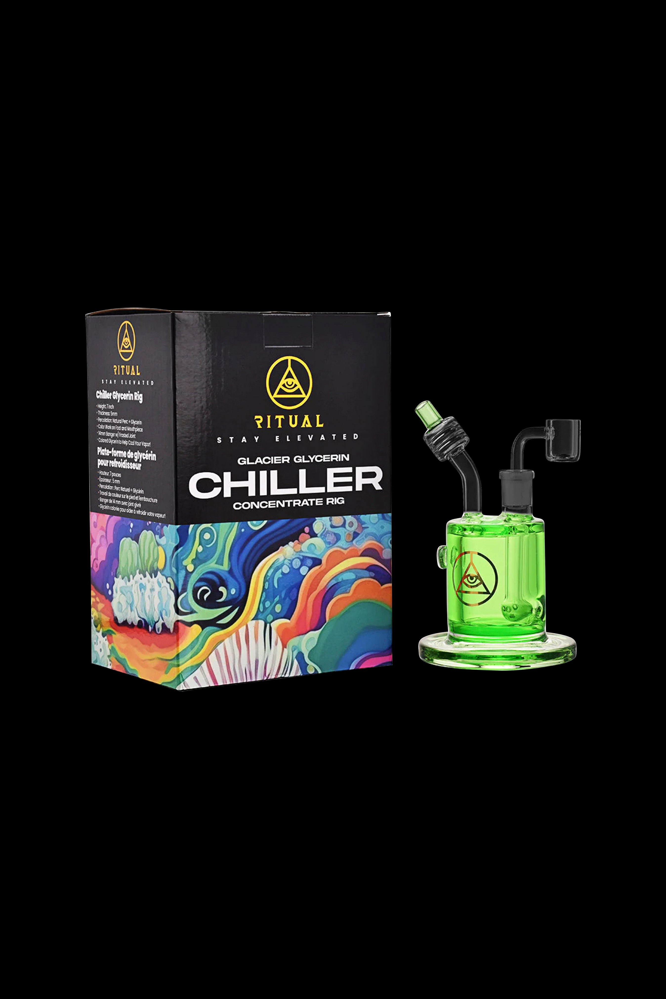 A product shot of the “Chiller” concentrate rig by Ritual, featuring a glass water pipe and its colorful, illustrated box.