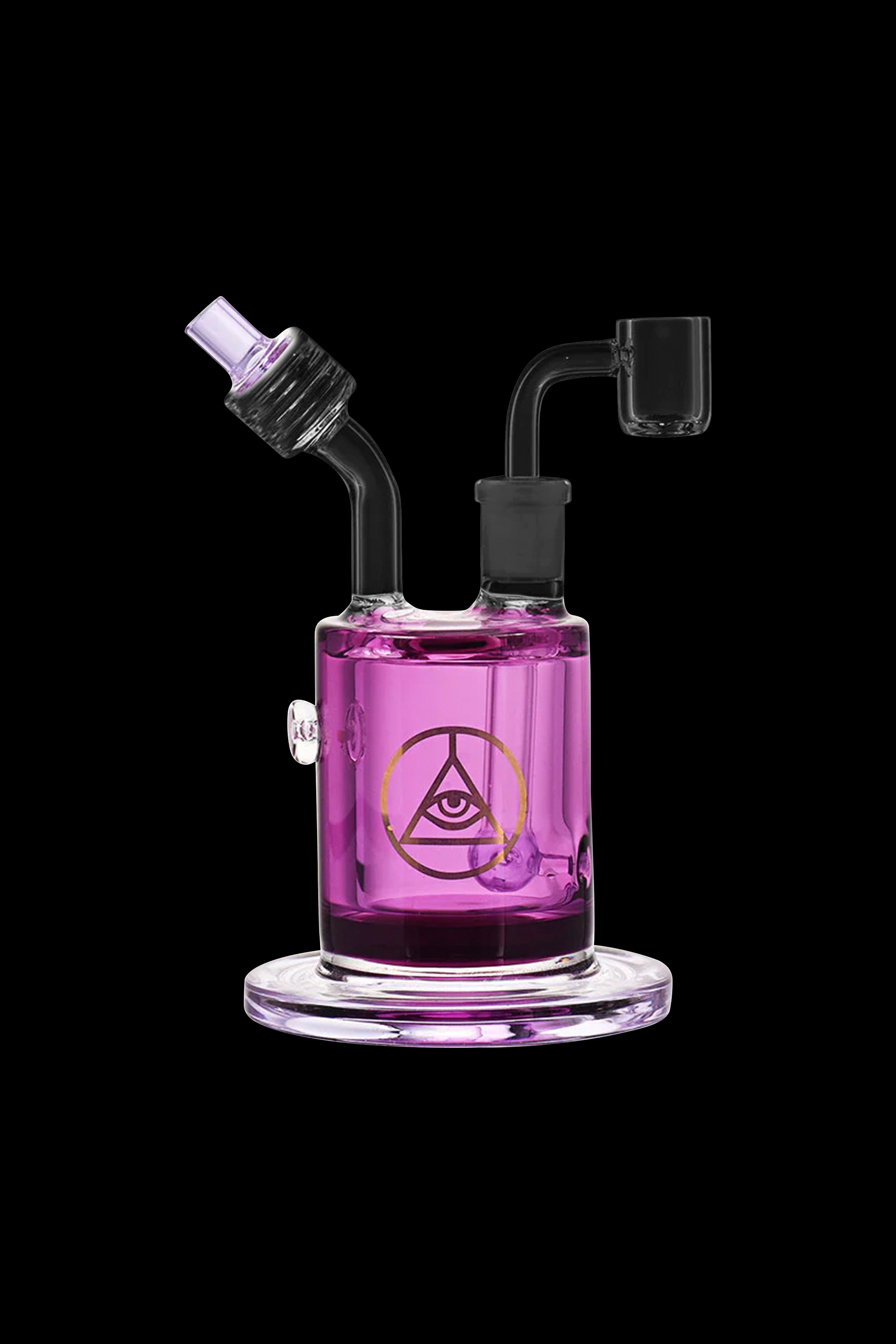 Purple glass water pipe (rig) with a dab nail and mouthpiece, isolated on a black background.