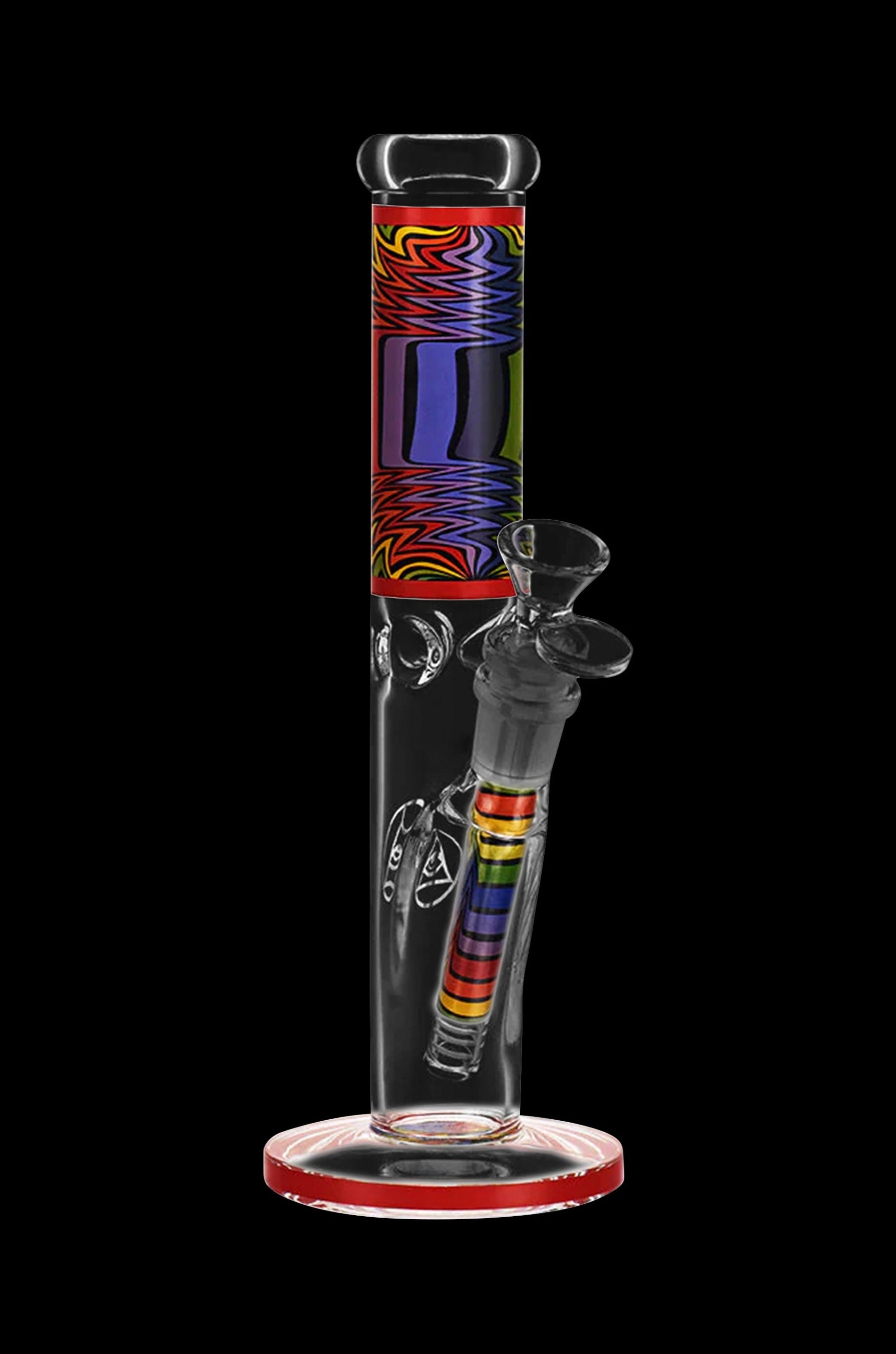 A colorful glass bong with psychedelic patterns and vibrant rainbow accents.