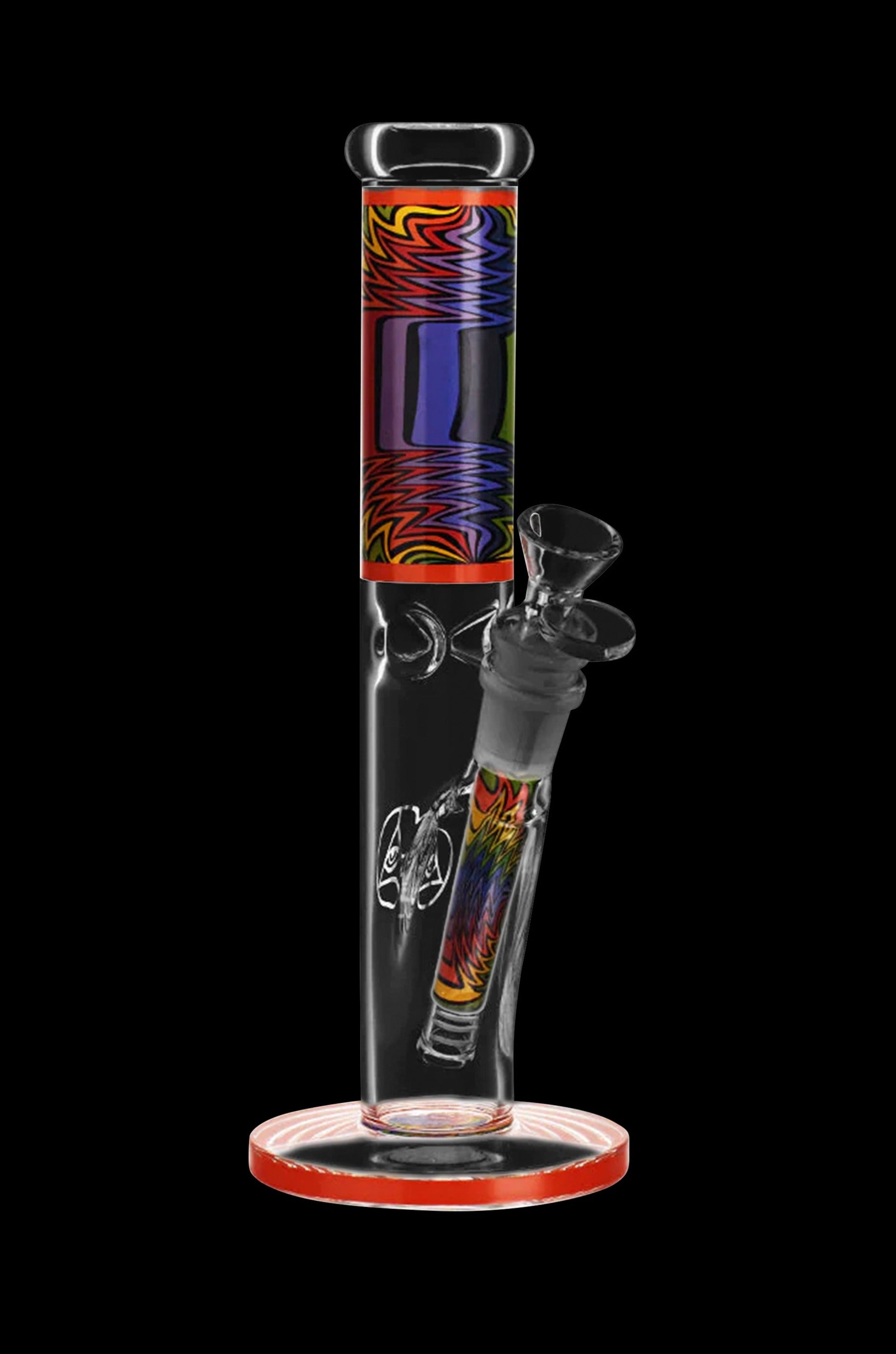 A colorful glass water pipe (bong) with psychedelic patterns and intricate glasswork.